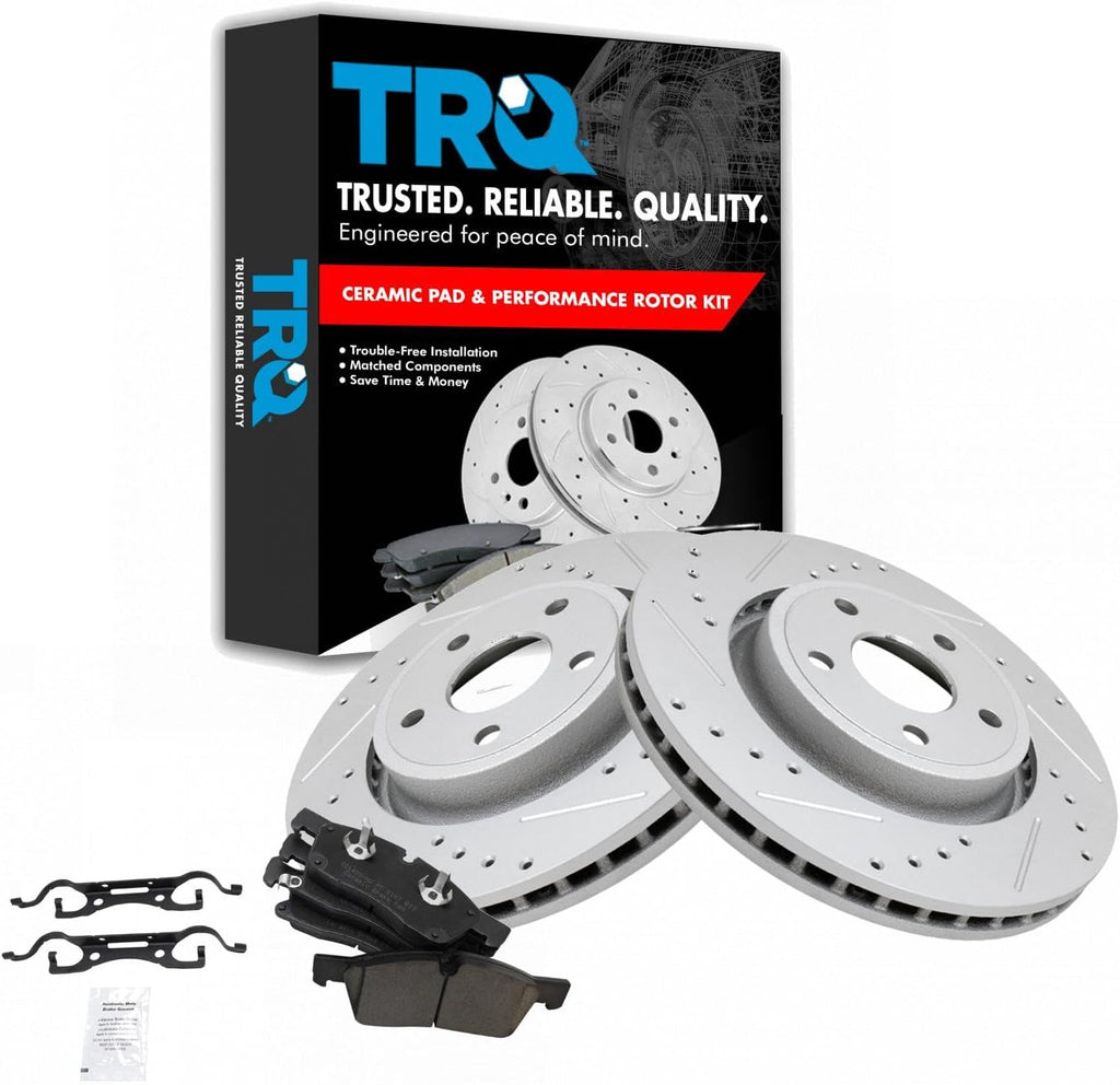 TRQ Performance Front Brake Pad and Rotor Set Ceramic Coated Drilled Slotted Vented Rotors Compatible with 2011-2016 Dodge Durango Grand Cherokee
