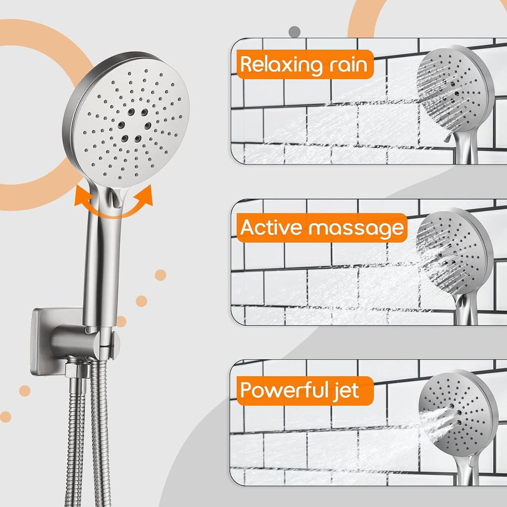 Shower Faucet Mixer Set Includes 10-Inch Rained Shower Head, 3-Setting Handheld Spray and Pressure Balance Valve Wall Mounted Brushed Nickel SF001BR-D10