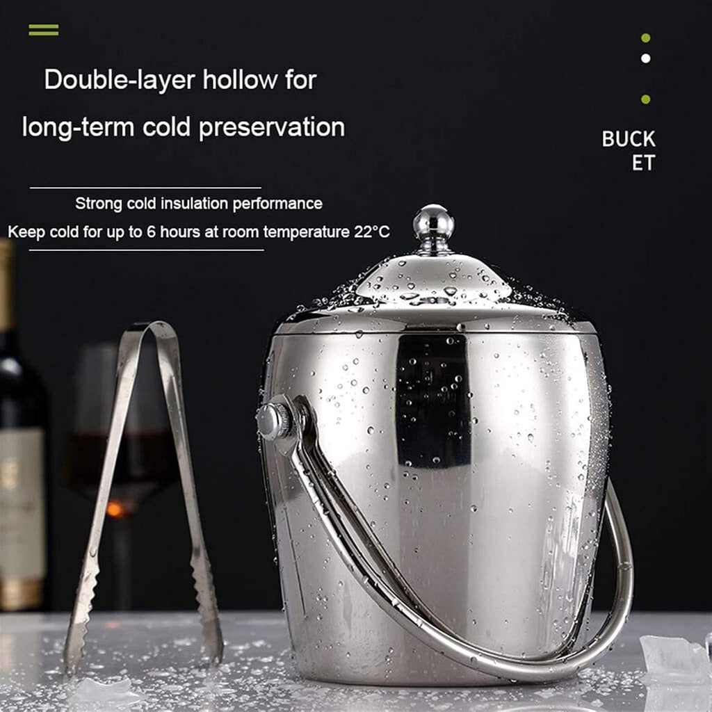 Ice Bucket,Ice Bucket,Stainless Steel Insulated Double Wall Bar Set Included Lid Great for Home Bar Chilling Beer Champagne and Wine 2L