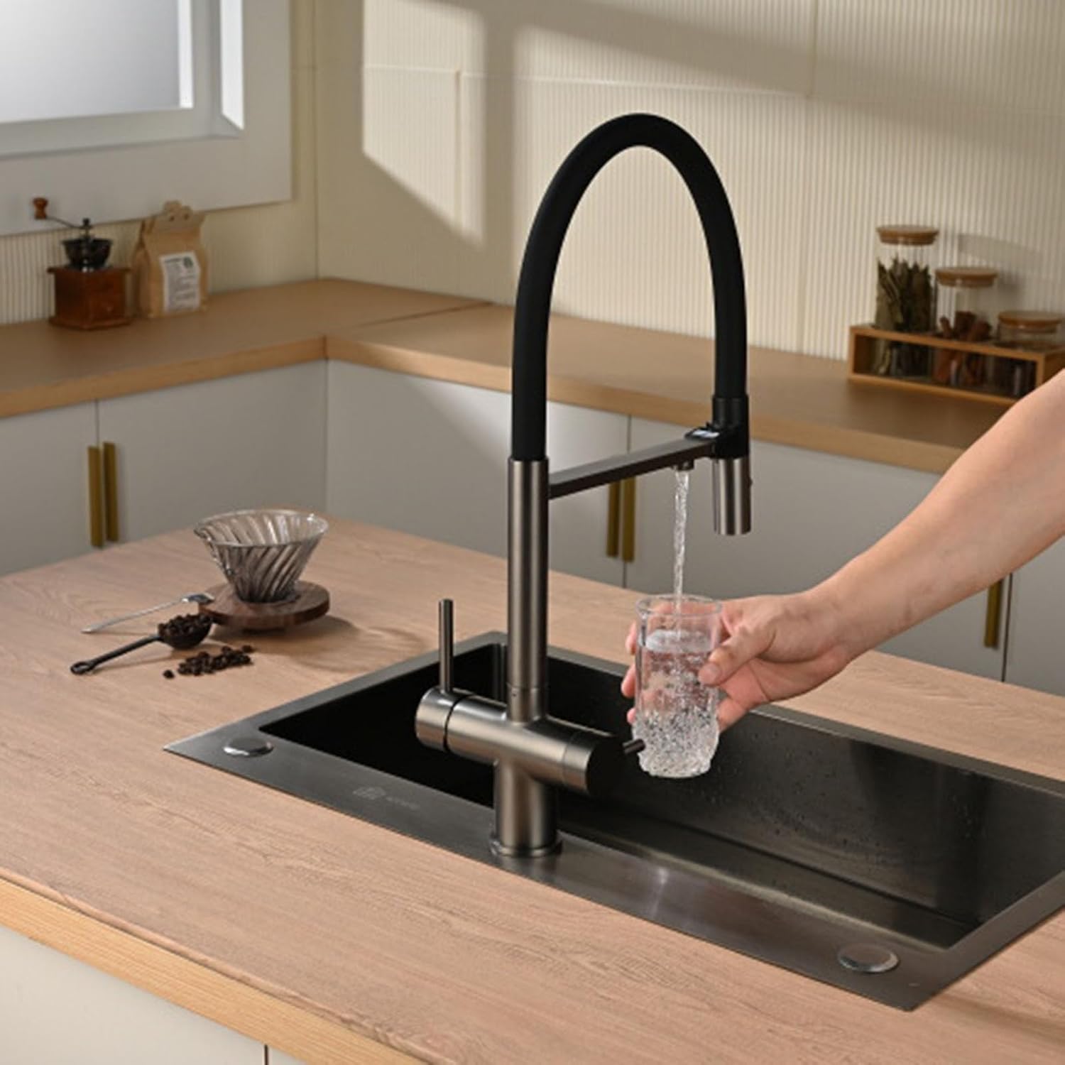 Flexible Faucet for Kitchen Sink 360° Rotation 3-in-1 Kitchen Faucet with Drinking Water Spout Single Hole,Chrome Plated