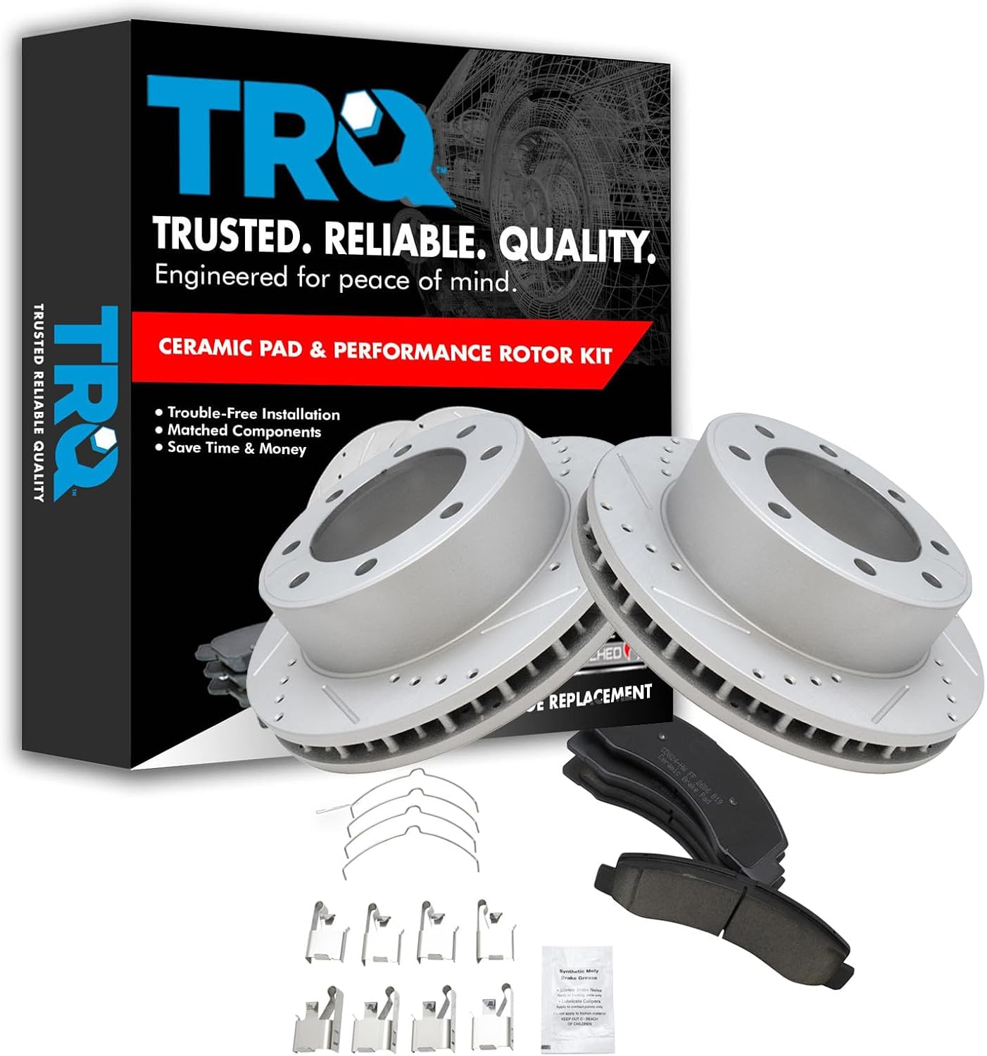 TRQ Performance Front Brake Pad and Rotor Set Ceramic Drilled Slotted G Coated Vented Rotors Compatible with 2000-2005 Ford Excursion 2000-2004 F-250 Super Duty F-350 Super Duty
