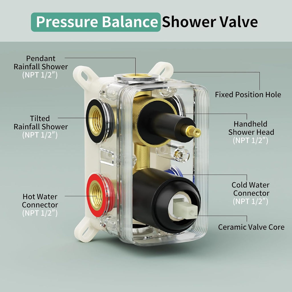 Shower Faucet Set Shower System - SR SUN RISE Matte Black Shower Trim Kit with Dual Shower Head, 10'' Ceiling Rainfall 6'' Wall Mount with Handheld Shower for Couples, Complete 6 Diverter Valve
