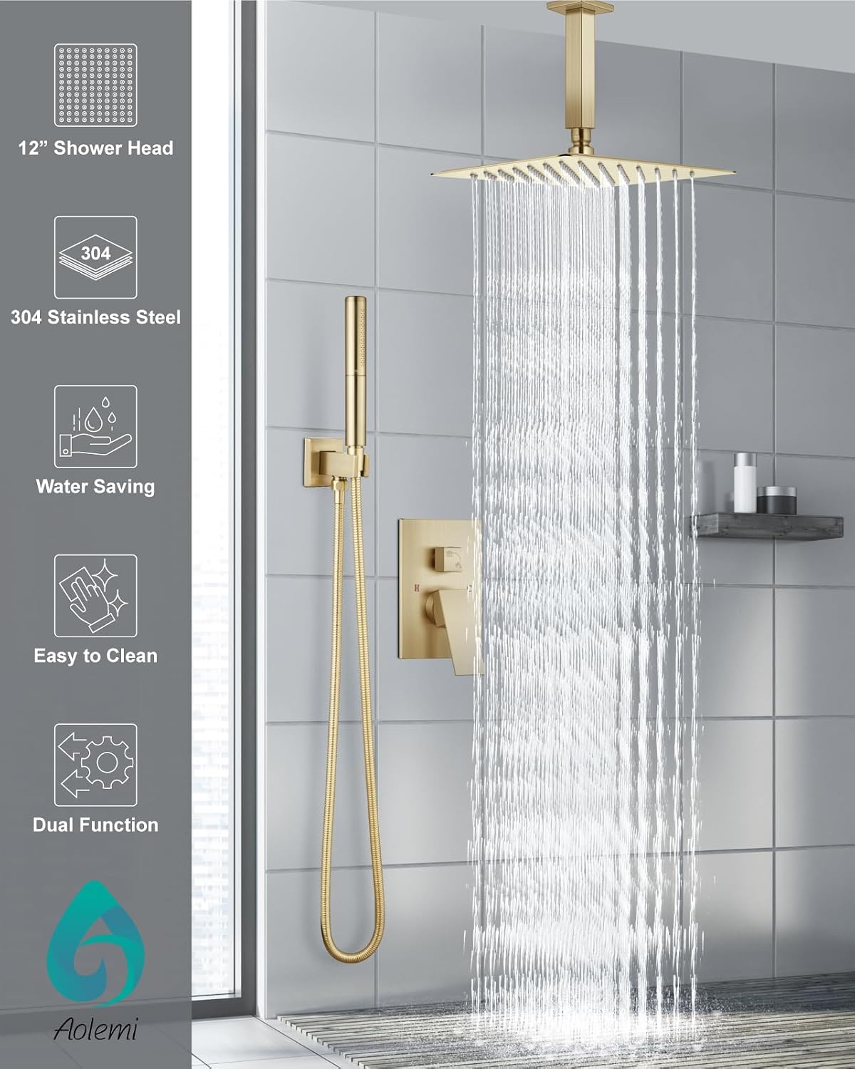 Aolemi Ceiling Mount Shower Faucet Set,Shower System Rain Showerhead and Handheld Spray Combo High-Pressure Showerheads Set with Valve and Trim Kit Rough-in Valve,12 Inch Brushed Gold
