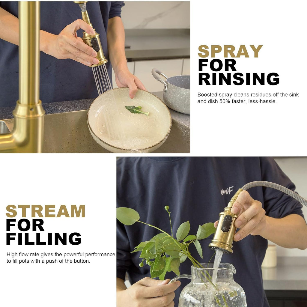 Lava Odoro Curtura Brushed Gold Kitchen Faucet with Pull Down Sprayer, Brass Kitchen Sink Faucet, Single Hole Kitchen Faucet with 3-Function Sprayer, Deck Plate Included, Spot-Free, 1.8GPM, KF421-SG