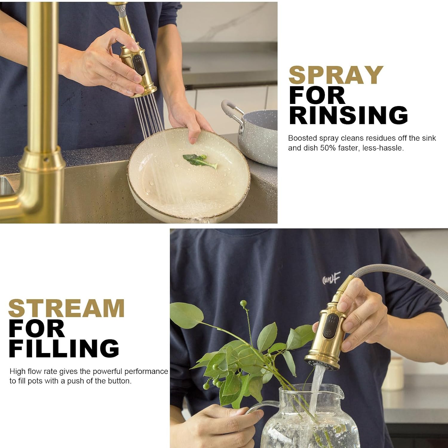 Lava Odoro Curtura Brushed Gold Kitchen Faucet with Pull Down Sprayer, Brass Kitchen Sink Faucet, Single Hole Kitchen Faucet with 3-Function Sprayer, Deck Plate Included, Spot-Free, 1.8GPM, KF421-SG