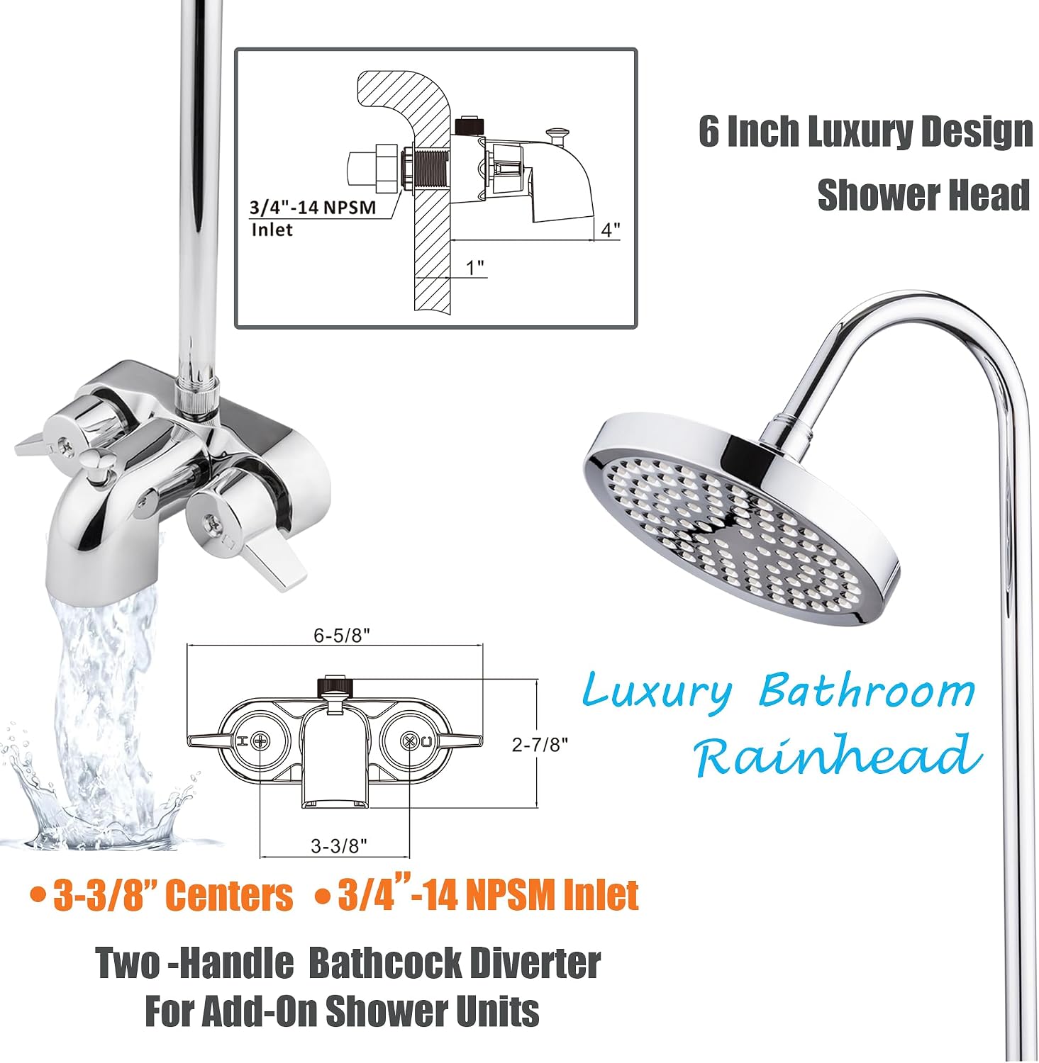 Clawfoot Tub Shower Kit,Add On Shower With Bathcock Diverter Faucet and 60' D Type Claw foot Tub Shower Curtain Rod Kit,D-Style Shower Rod and Clawfoot Tub Shower Faucet Set,Chrome Plated