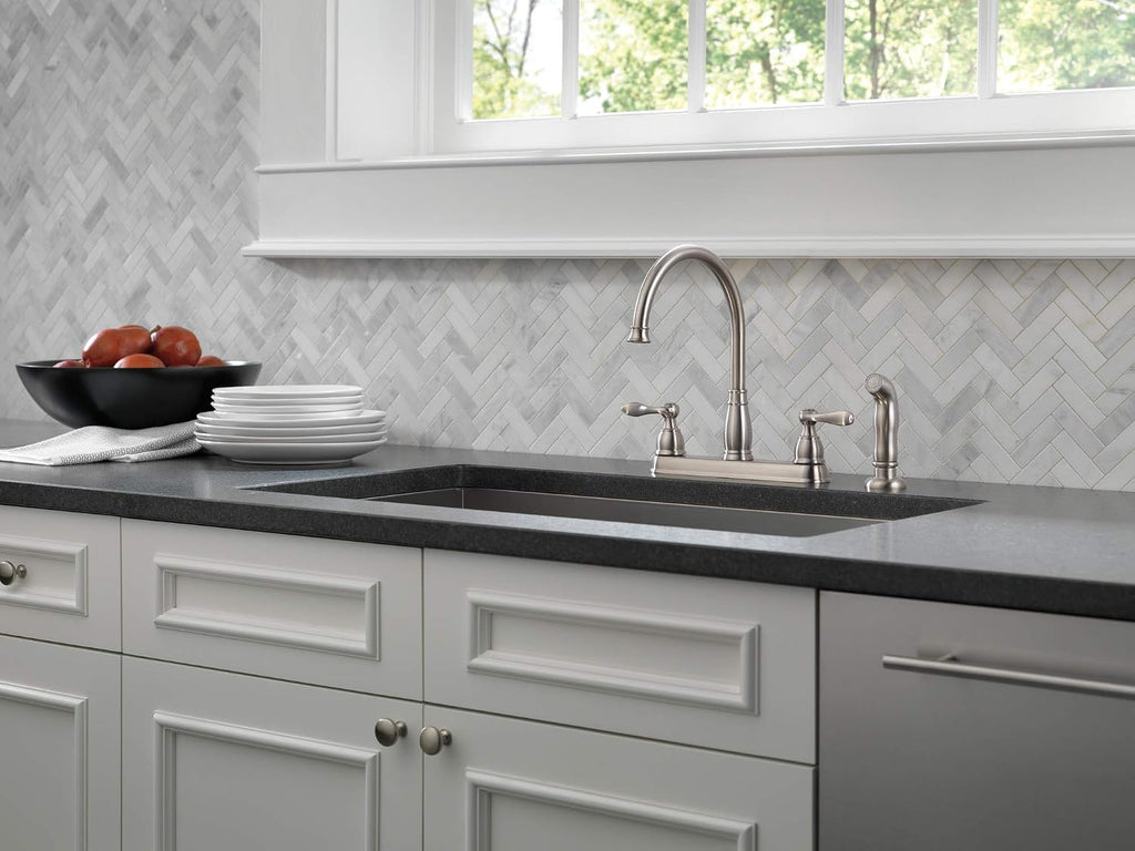 Delta Windemere Brushed Nickel Kitchen Faucet with Side Sprayer, Traditional 4 Hole Kitchen Sink Faucet, Two-Handle, Stainless 21996LF-SS