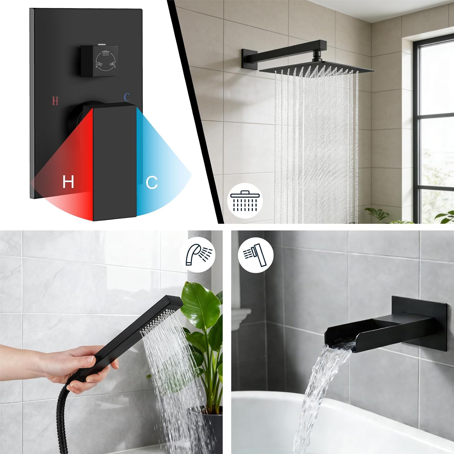 Midanya Rain Shower System Tub Shower Faucet Set Square Rainfall Waterfall Shower Head with Handheld Sprayer Tub Spout Combo Wall Mounted bathtub faucet set Rough-in Valve, 12 Inch Matte Black