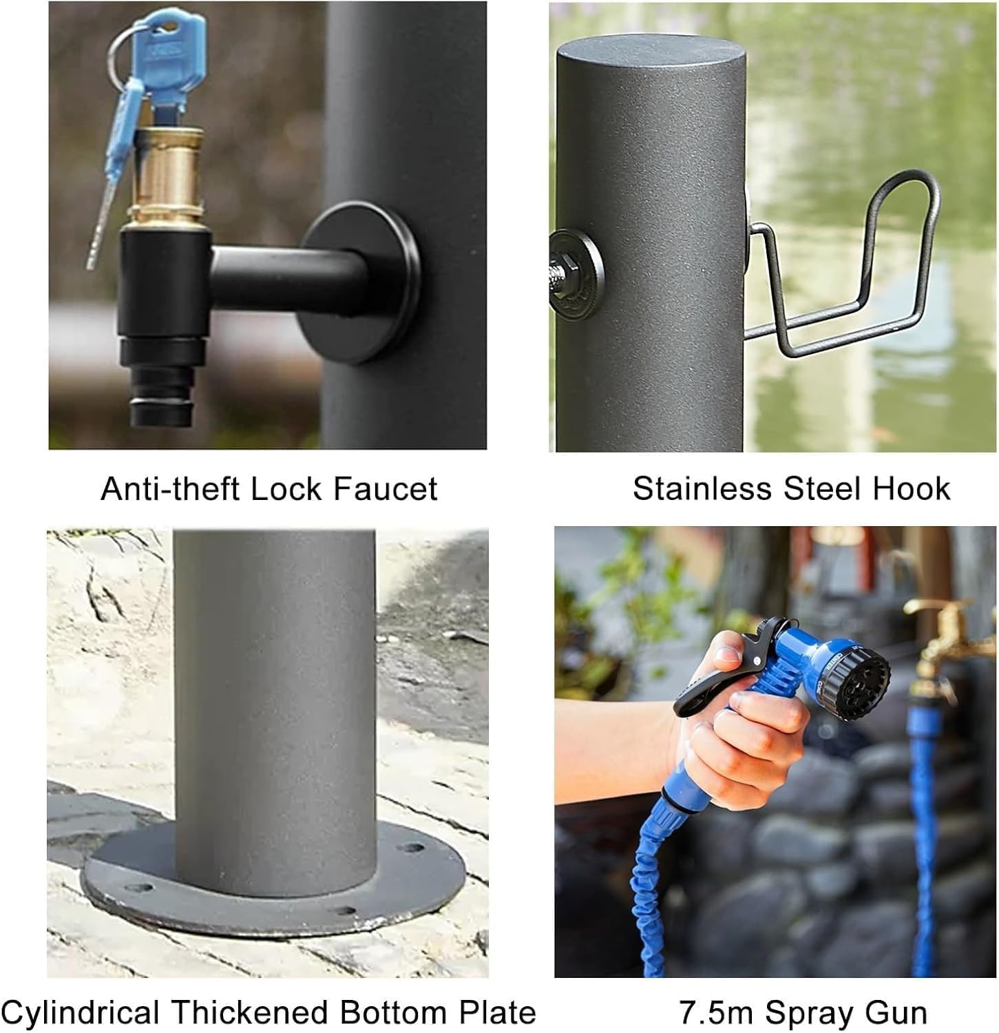 304 Stainless Steel Cylindrical Vertical Garden Water Column with 7.5m ﻿Spray Gun and Stainless Steel Inner Tube，Outdoor Faucet Water Dispenser Hydrant(Black-2,86cm/33in)