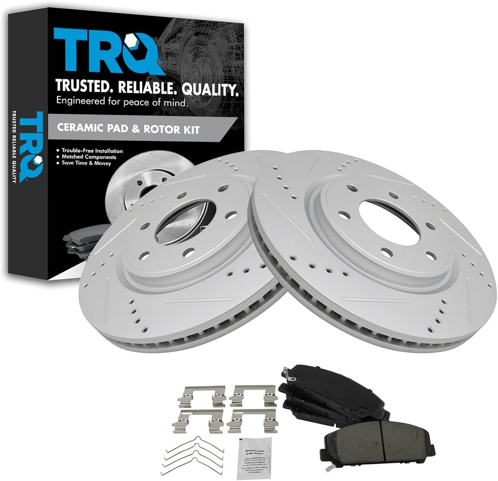 TRQ Performance Front Brake Pad and Rotor Set Ceramic Coated Drilled Slotted Vented Rotors Compatible with 2011-2013 Infiniti QX56 2014-2021 QX80 2012-2021 Nissan Armada 2011-2021 Titan
