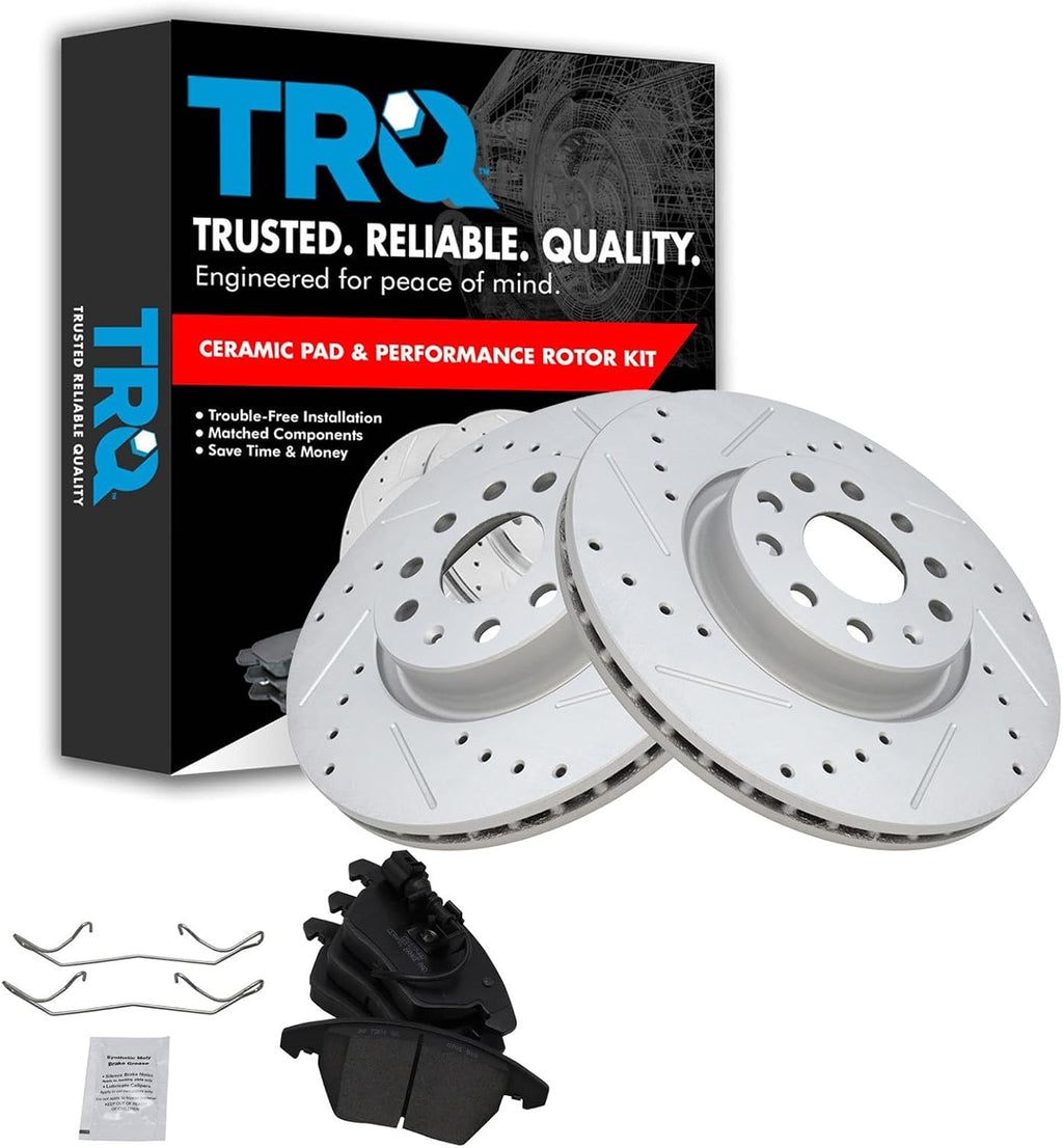 TRQ Performance Front Brake Pad and Rotor Set Ceramic Drilled Slotted Coated Vented Rotors Compatible with 05-17 Volkswagen Jetta GTI Passat Eos CC Beetle 06-14 Audi A3 A3 Quattro TT TT Quattro