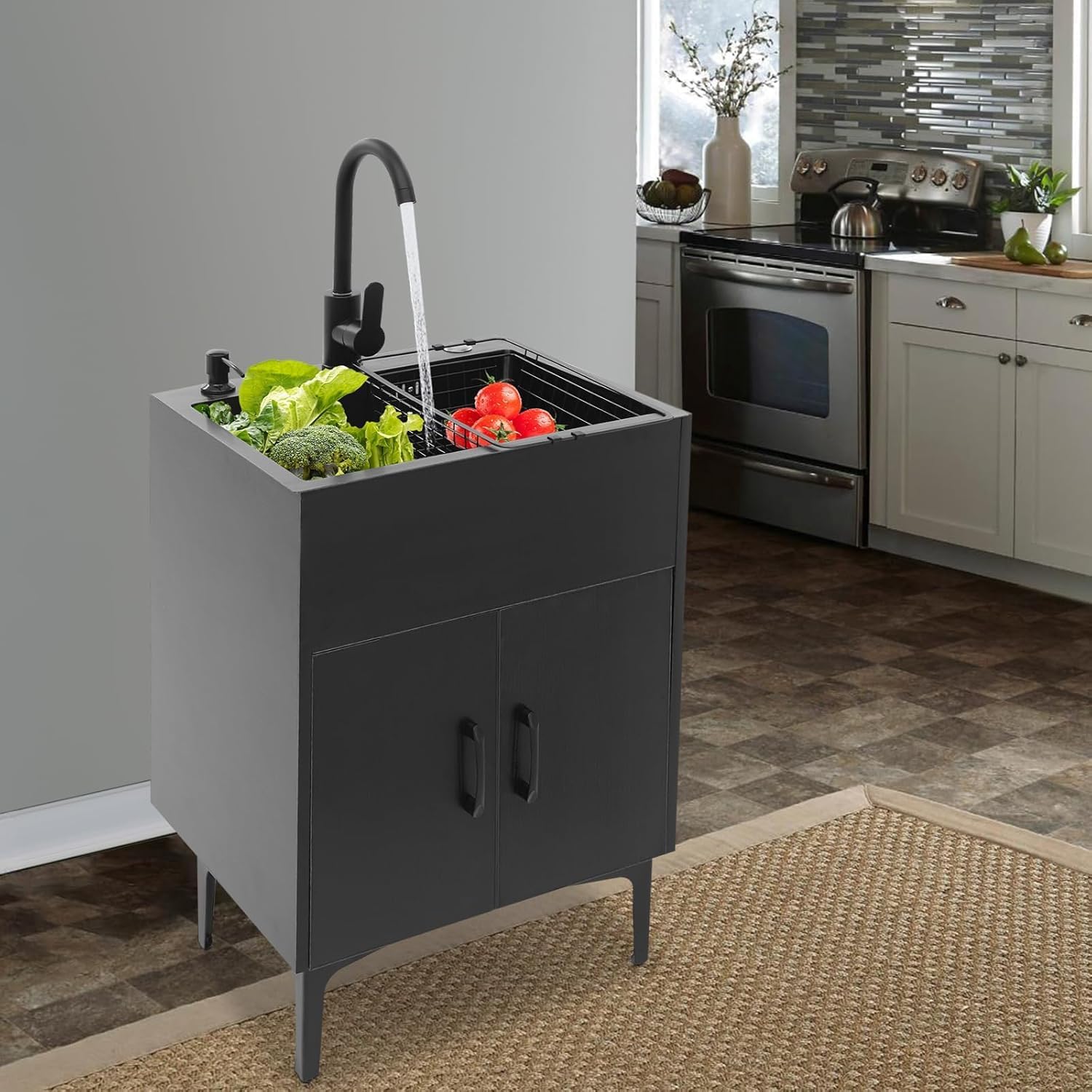 20-Inch Laundry Sink with Cabinet & 360° Swivel Hot/Cold Fauce, Freestanding Kitchen Sink Cabinet with Stainless Steel Sink & Drain Basket, Black Cabinet with Sink for Laundry & Utility Room