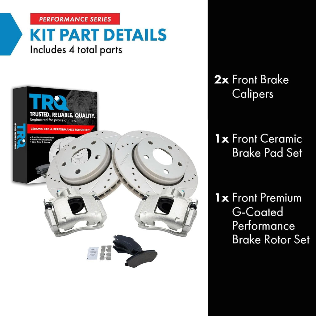 TRQ Performance Front Brake Pad and Rotor Set Ceramic Vented Coated Slotted Drilled Rotors Calipers Compatible with 2007-2012 Jeep Wrangler