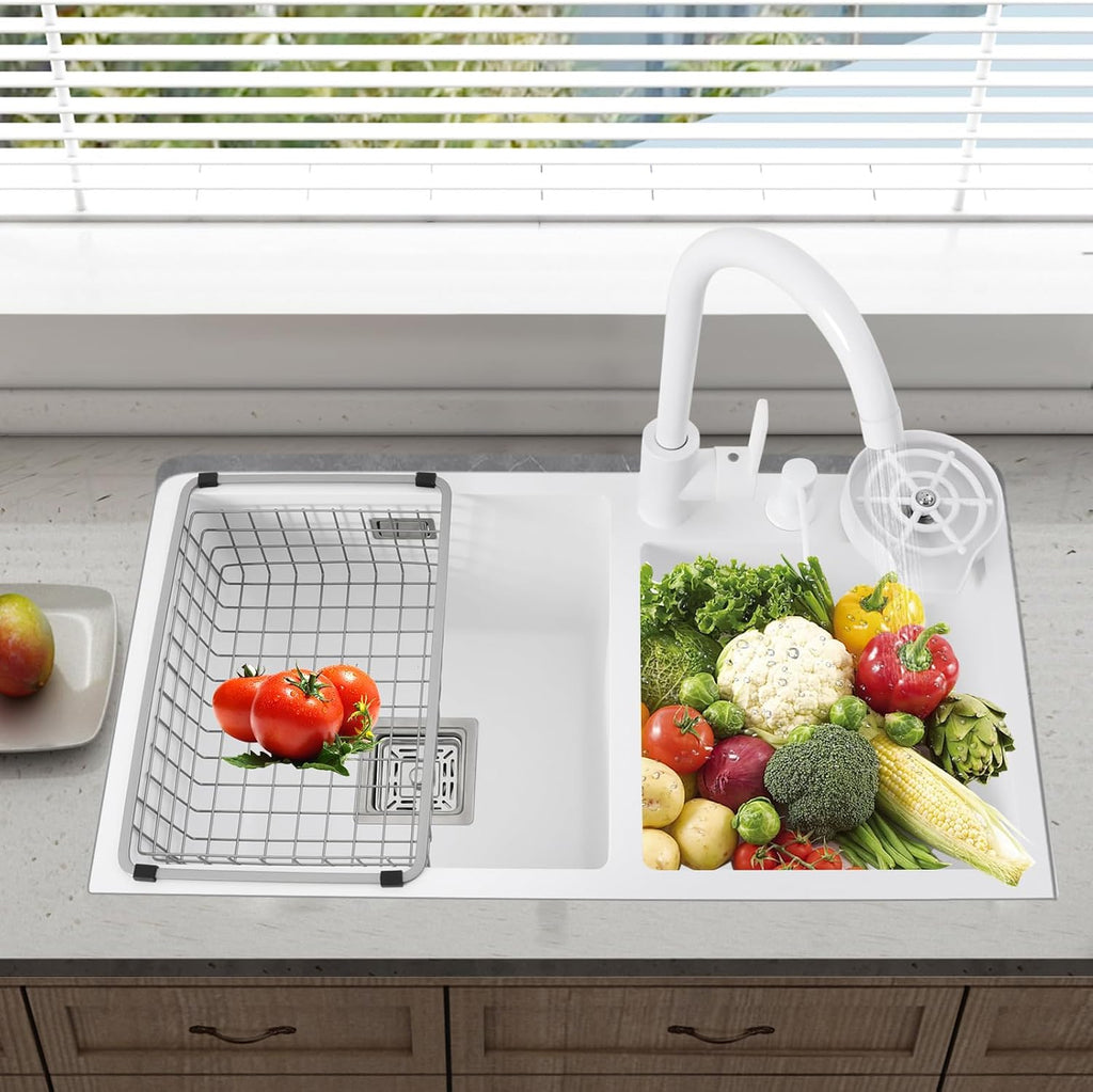 Utility Sinks Kitchen with Cold and Hot Water Fauet 28''x 15'' Stainless Steel Undermount Sink Double Bowl Pressurized Cup Washer Soap Dispenser White