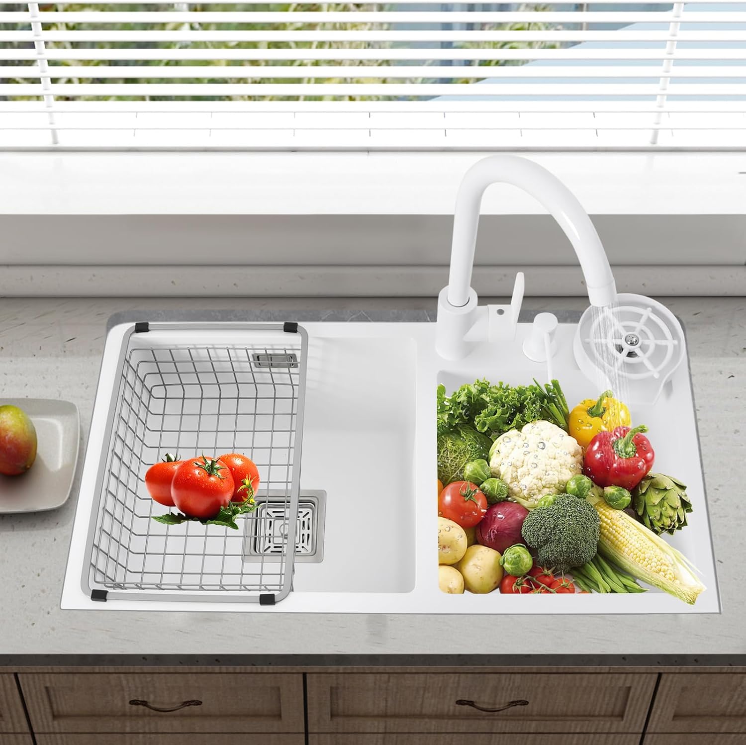 Utility Sinks Kitchen with Cold and Hot Water Fauet 28''x 15'' Stainless Steel Undermount Sink Double Bowl Pressurized Cup Washer Soap Dispenser White