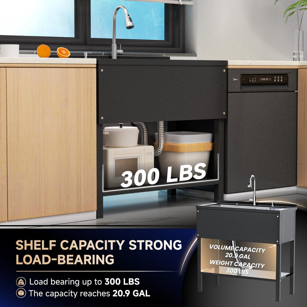 Heavy Duty Stainless Steel Utility Sink,36' Freestanding Laundry Room Sink with Stainless Steel Pull-Out Faucet, Storage Shelf & Drain Kit Single Bowl Sink for Outdoor, Garage, Workshop(Black 36x20)