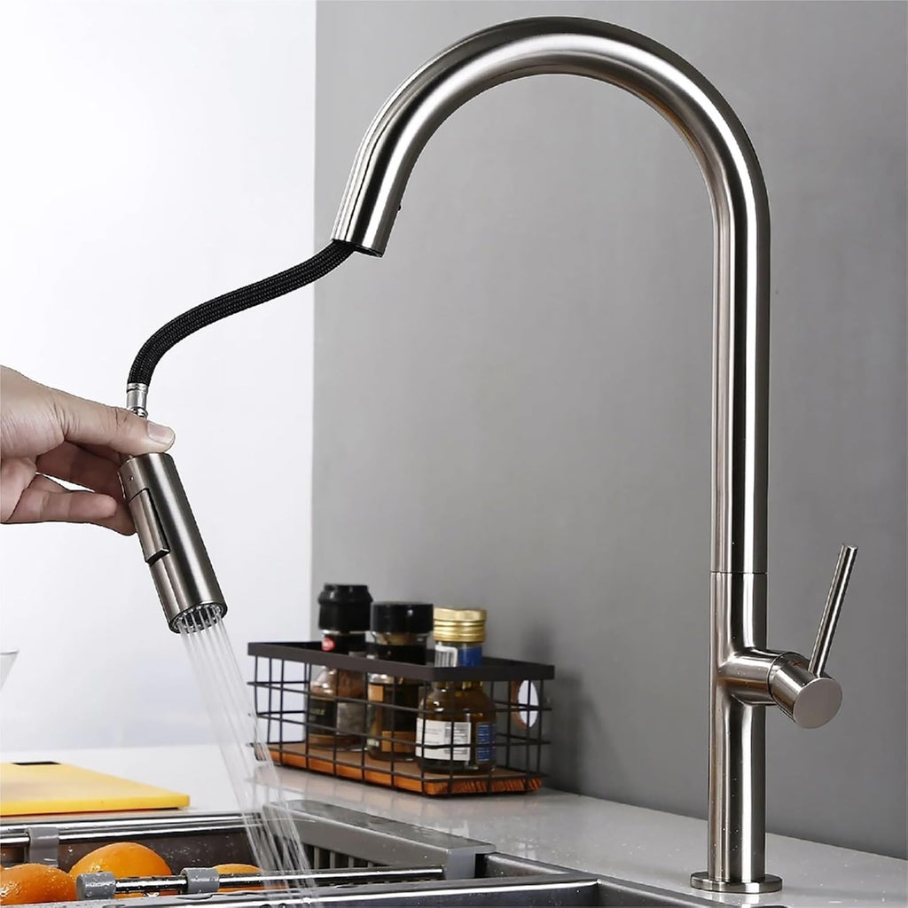 Brass 360 Oegree Rotation Kitchen Hot and Cold Water Sink Taps Pull Out Spout(Brushed Nickel)