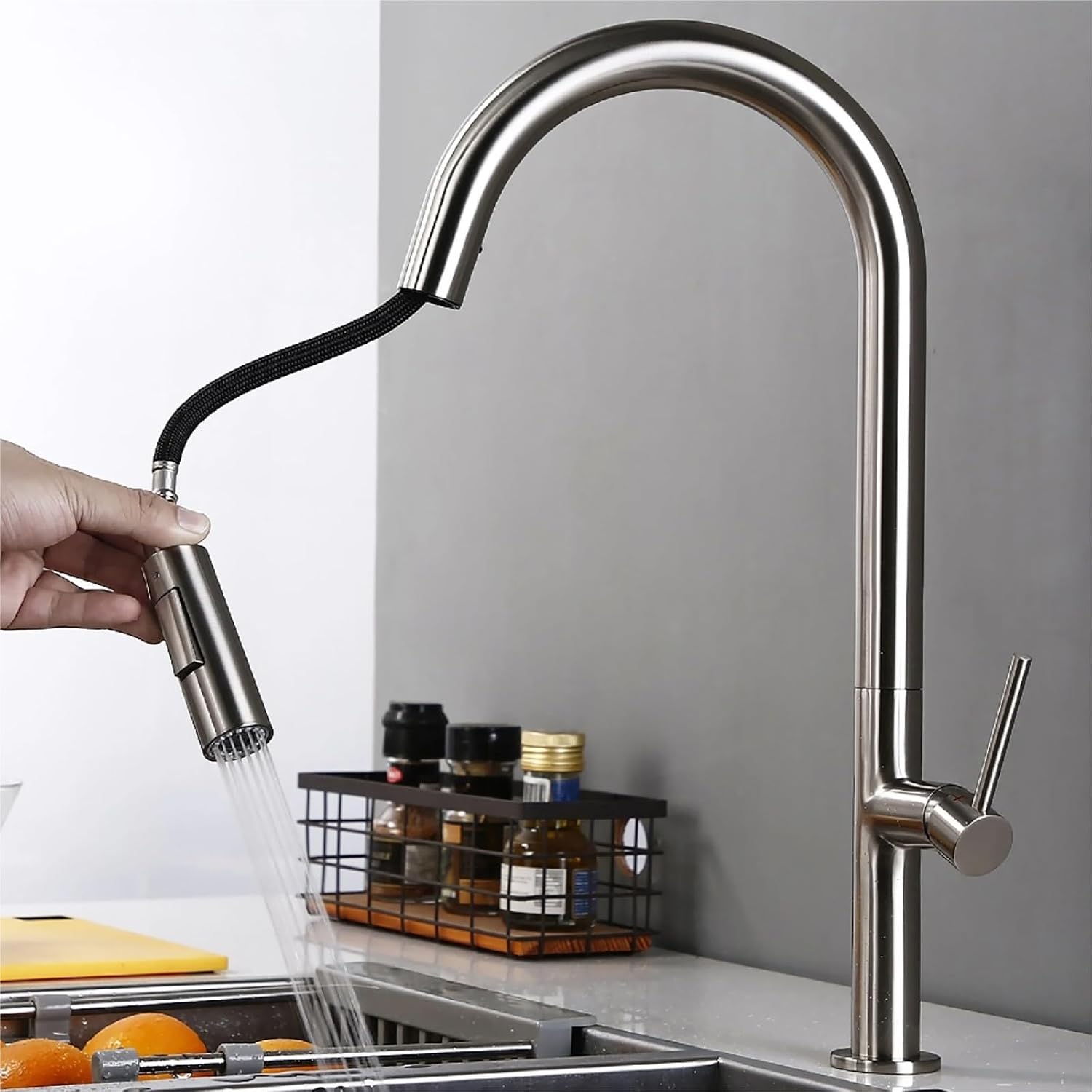 Brass 360 Oegree Rotation Kitchen Hot and Cold Water Sink Taps Pull Out Spout(Brushed Nickel)