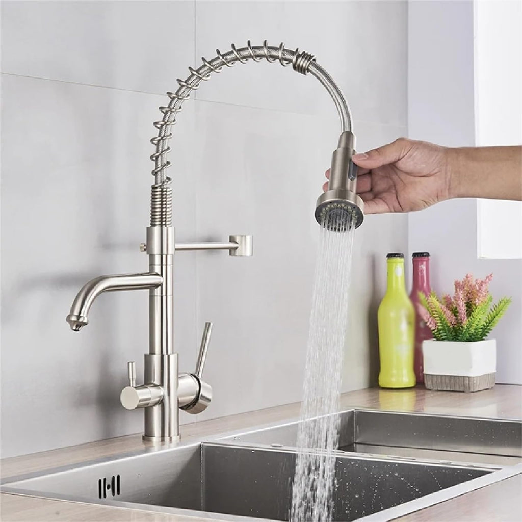 Kitchen Water Filter Faucet Dual Spout Filter Drinking Water Mixer Tap Rotation Taps(Brushed Gold)