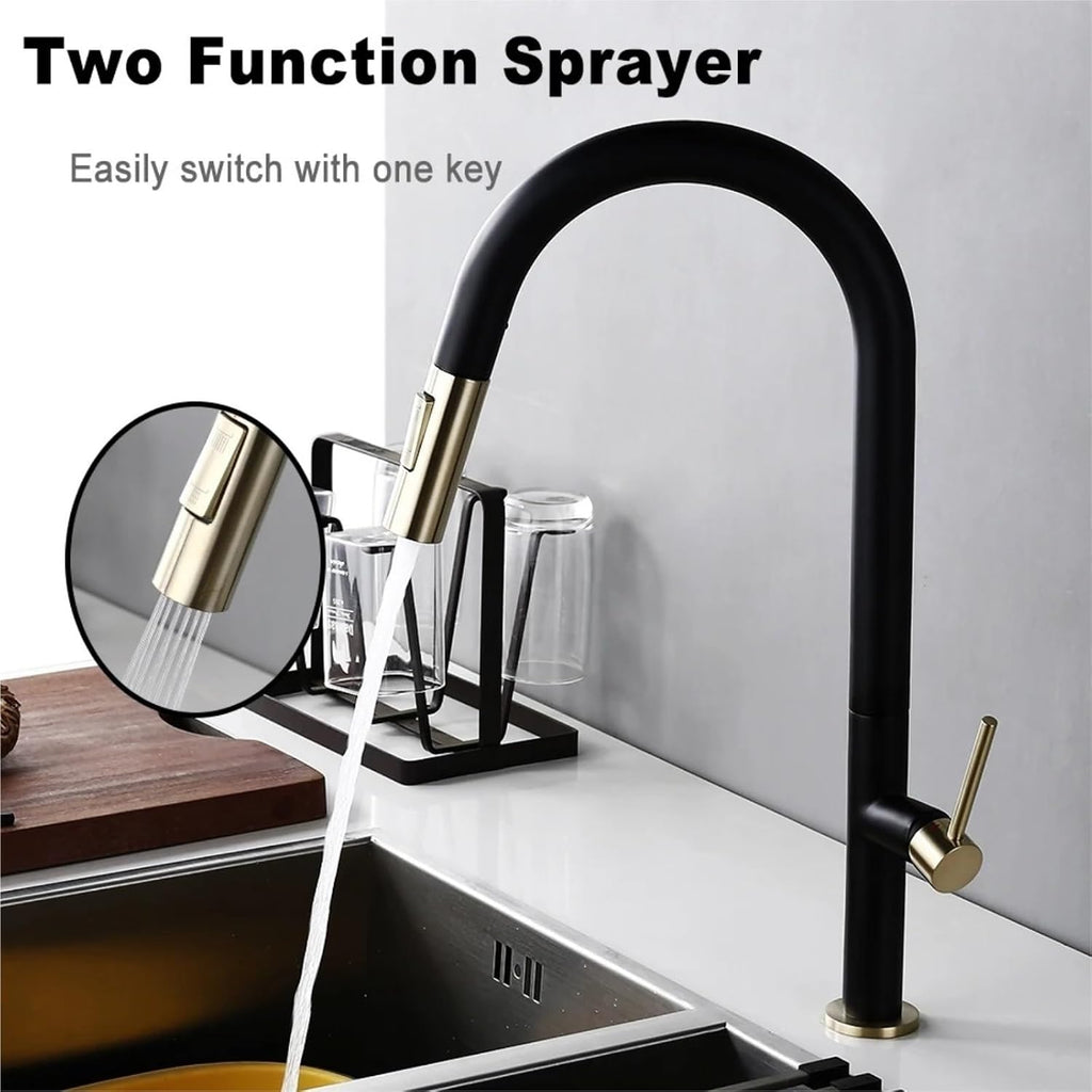 Brass 360 Degree Rotation Kitchen Hot Cold Water Sink Taps Pull Out Spout Deck Mounted Kitchen Faucet(Black)