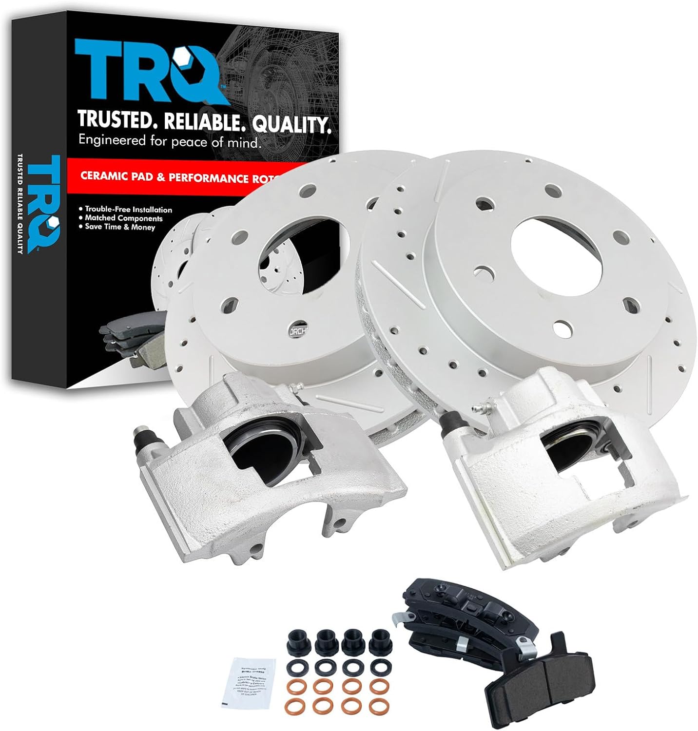 TRQ Performance Front Brake Pad & Rotor Set Ceramic Slotted Drilled Coated Vented Rotors Calipers for 88-00 Chevrolet GMC K1500 K2500 Blazer K1500 Suburban Tahoe Yukon 99-00 Cadillac Escalade
