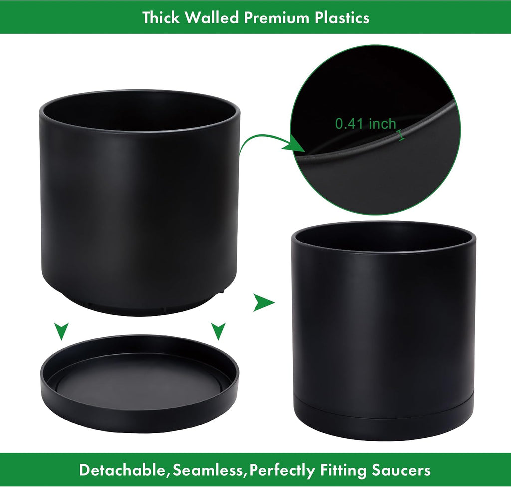 D'vine Dev 16 Inch Black Plastic Planter Pots for Plant Pot with Drainage Hole and Seamless Saucers, 74-X-B-5