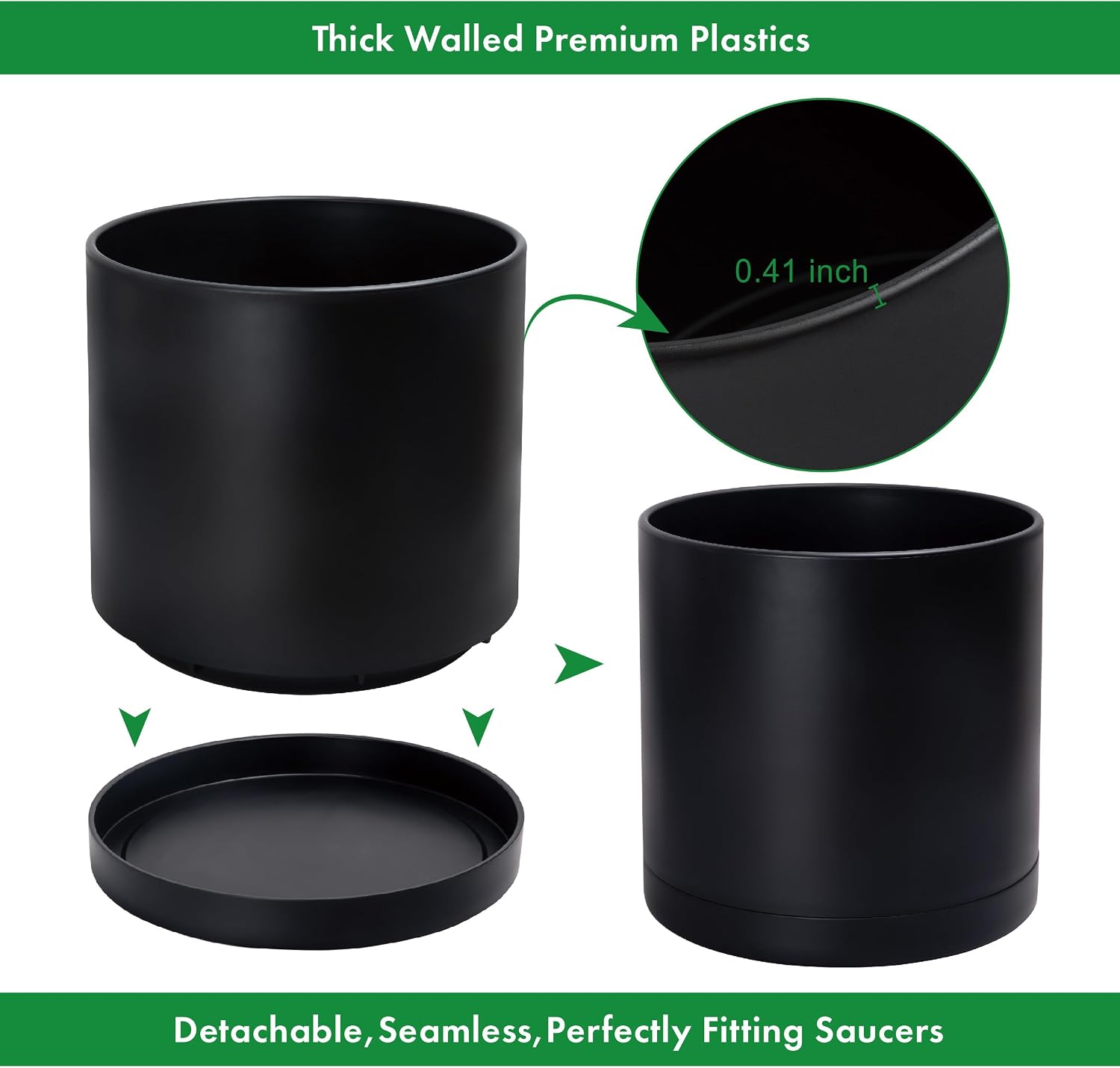 D'vine Dev 16 Inch Black Plastic Planter Pots for Plant Pot with Drainage Hole and Seamless Saucers, 74-X-B-5