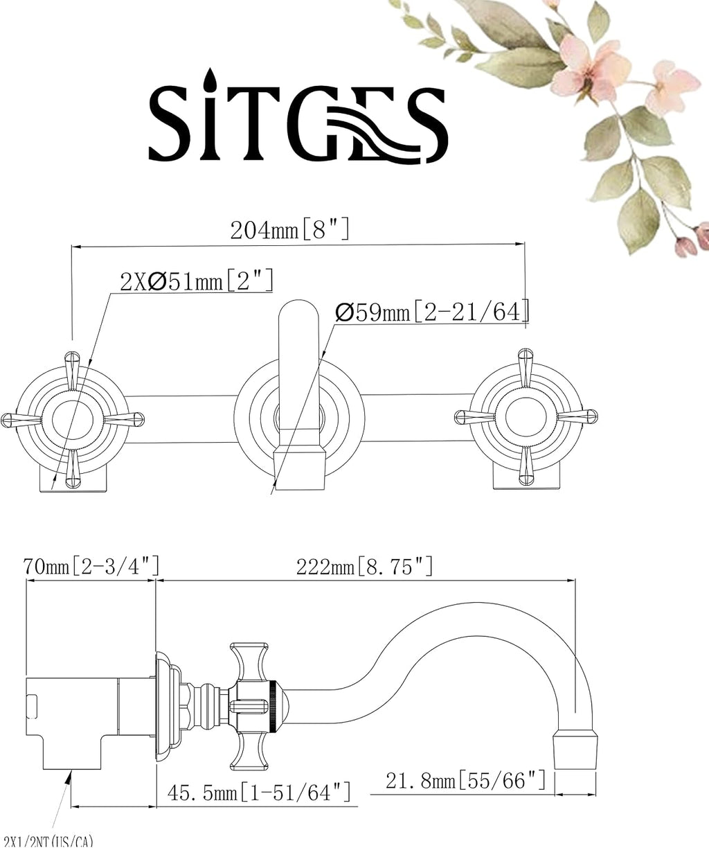 SITGES Antique Wall Faucet,Two Handle Bathroom Sink Wall Mount Faucet with Rough in Valve Included,Matte Black