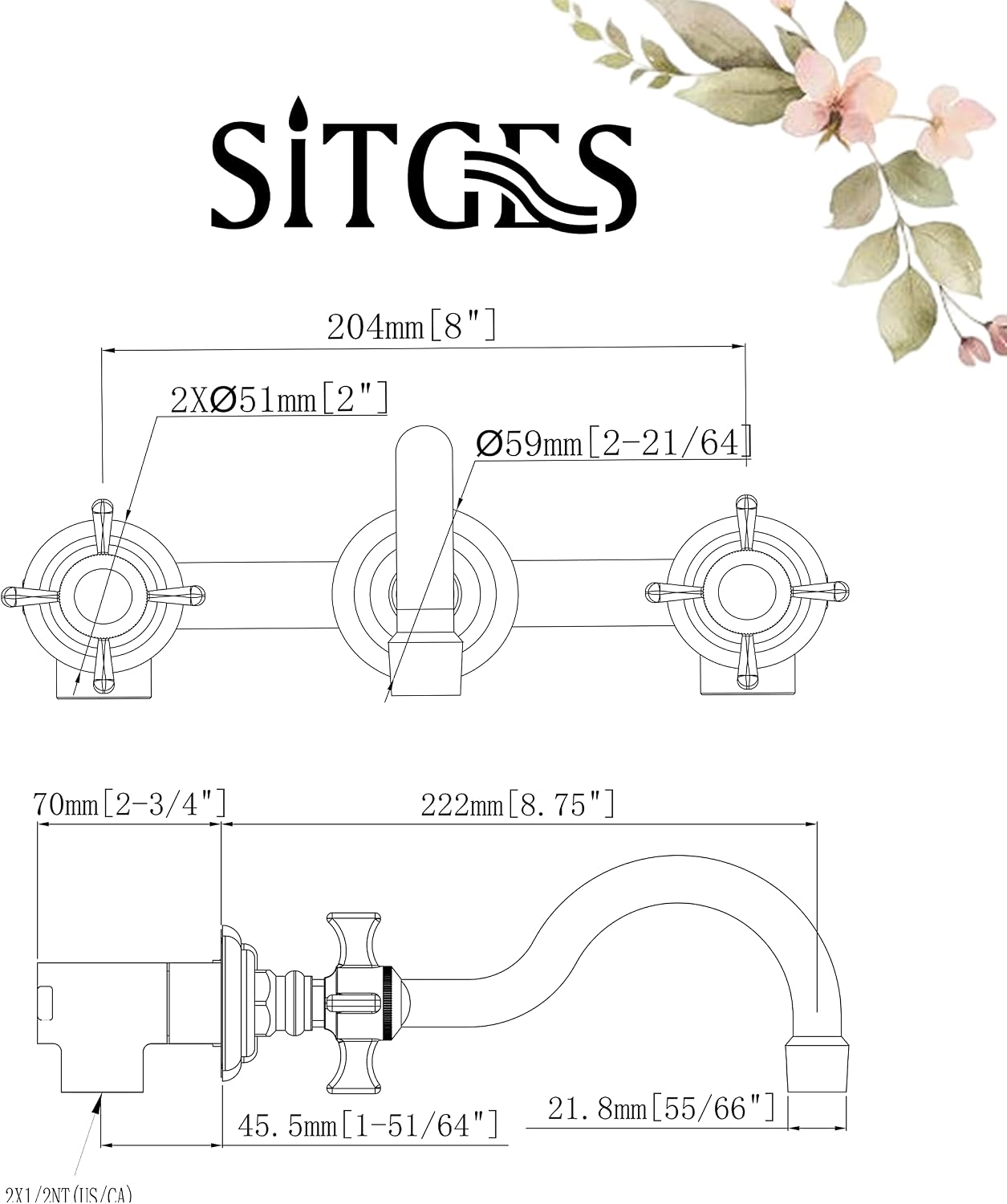 SITGES Antique Wall Faucet,Two Handle Bathroom Sink Wall Mount Faucet with Rough in Valve Included,Matte Black