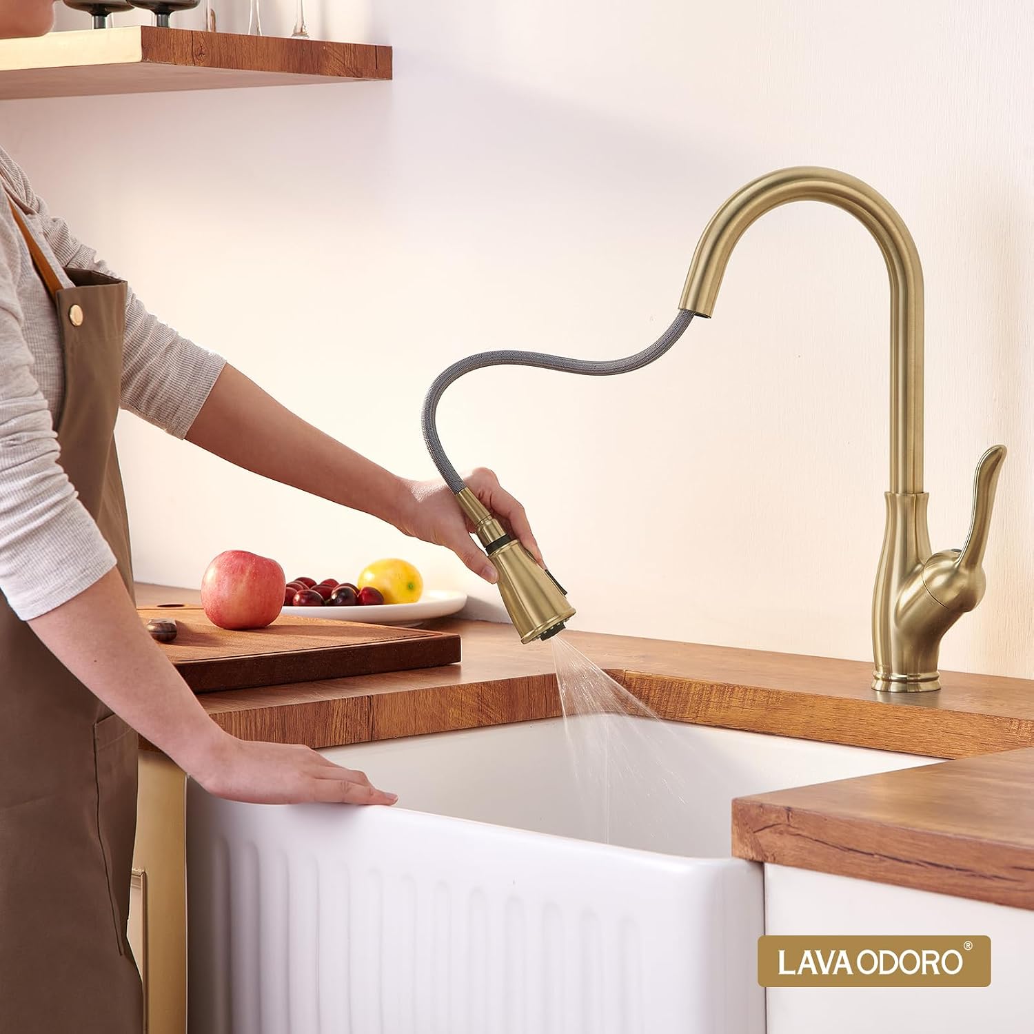 Lava Odoro Champagne Gold Kitchen Faucet with Pull Down Sprayer, Bronze Gold Kitchen Sink Faucet with Magnetic Docking Spray 3-Function, Brass Faucet for Kitchen Sink 1 Hole and 3 Hole, KF271-CB