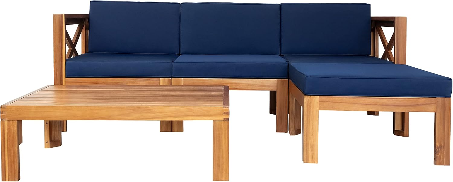5-Piece Sectional Sofa Seating Group Set With Cushions,Outdoor Backyard Patio Wood Sectional Seating Group With Tea Table And Ottoman For Backyard,Garden,Poolside (Natural Finish+ Blue Cushions-01)