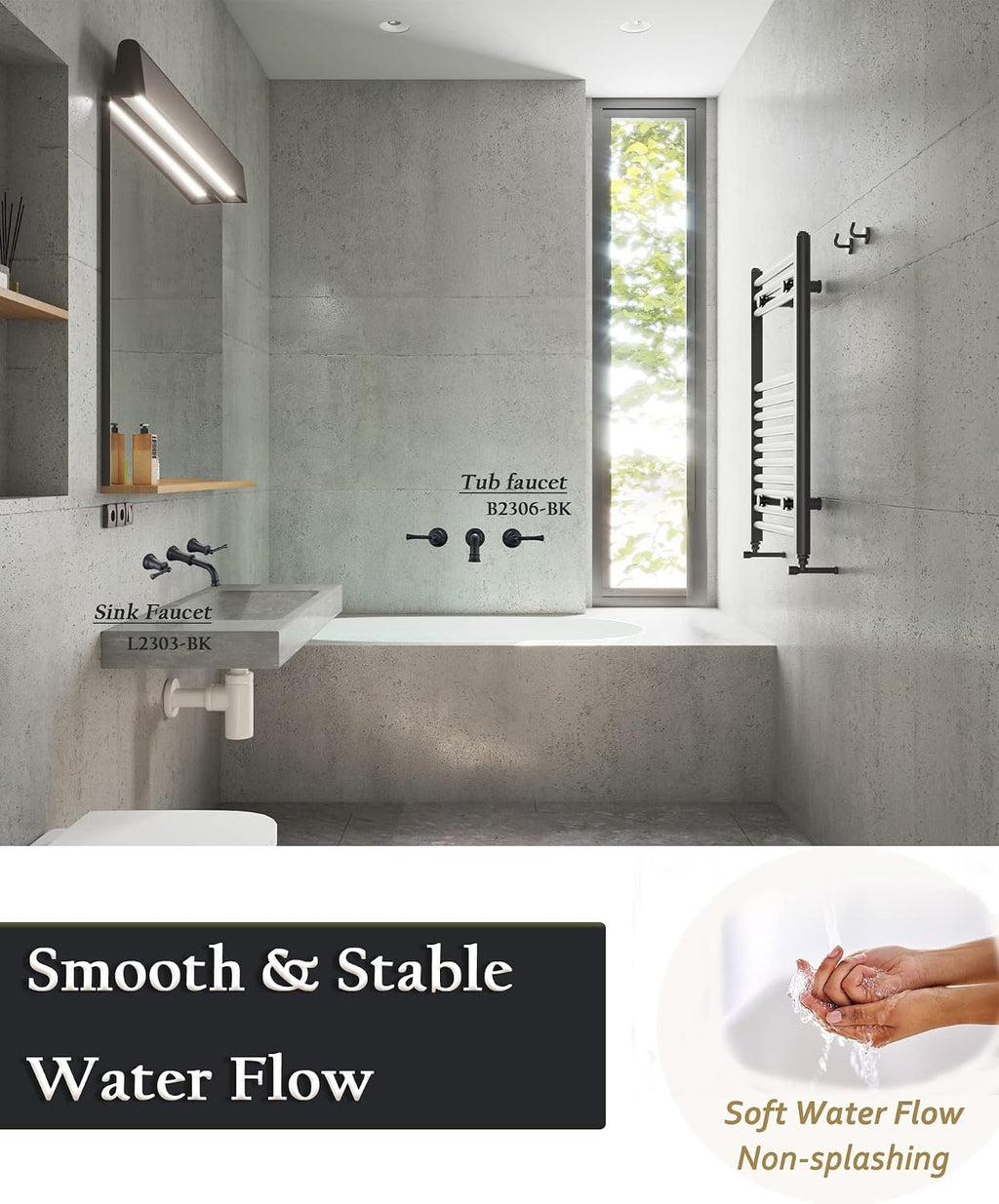 High Flow Wall Mount Tub Filler with Rough-in Valve, Wall Mount Tub Faucet, Brass Roman Bathtub Faucet 2 Handle with 360° Swivel Spout, Matte Black(B2306-BK)