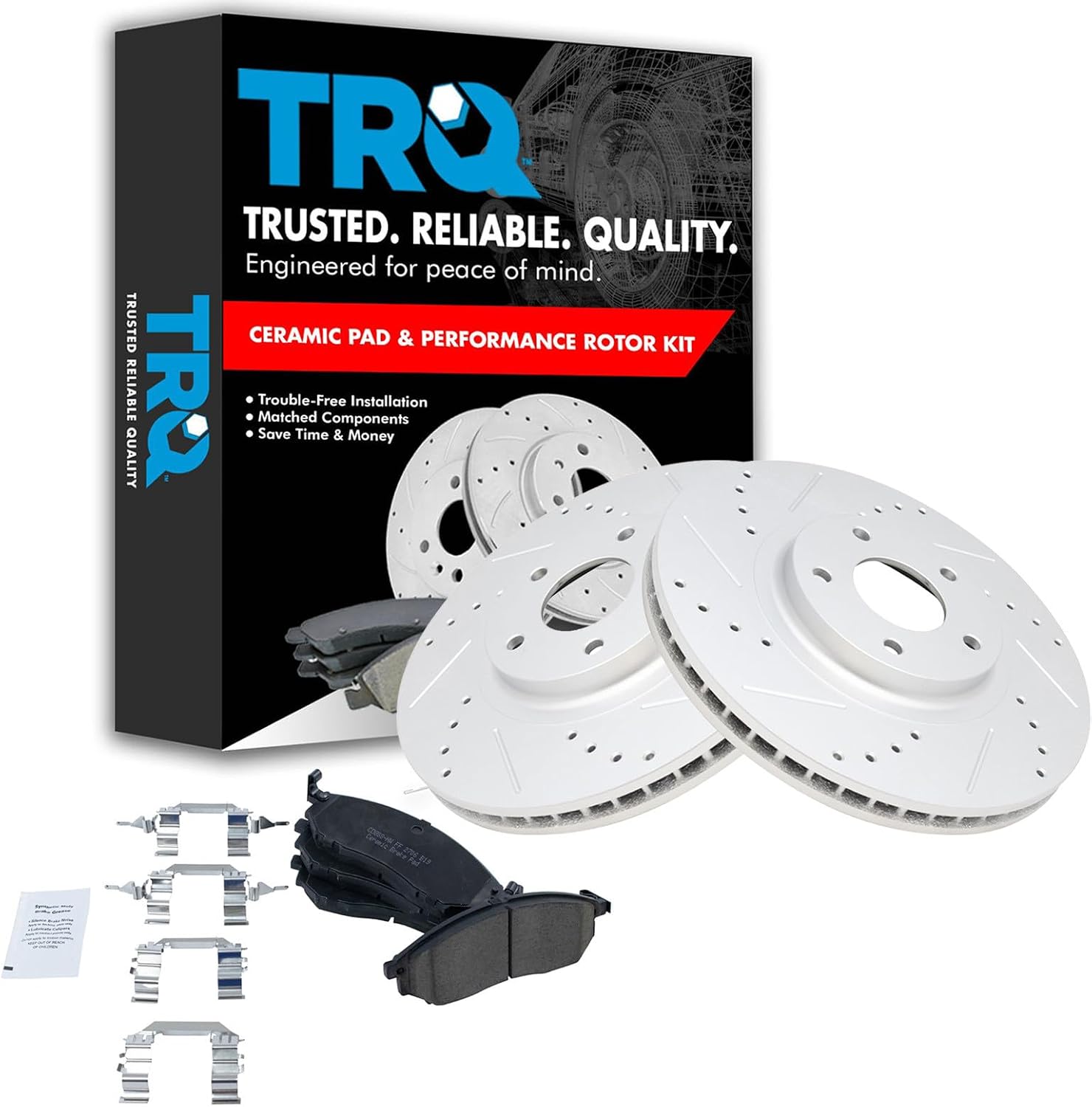 TRQ Performance Front Brake Pad and Rotor Set Ceramic G Coated Drilled Compatible with 08-19 Infiniti EX35 11-13 G25 M37 14-19 Q70 15-19 Q70L 14-17 QX70 09-19 Nissan 370Z 11-14 Murano