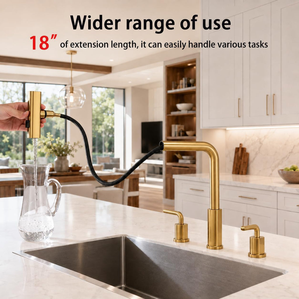 Kitchen Faucet with Pull Down Sprayer - Brushed Gold 3 Hole Kitchen Sink Faucet - 8 Inch 2 Handle Champagne Bronze 3 Piece Faucets Stainless Steel Faucet, 360° Swivel, Pull Out 3 Spray Modes