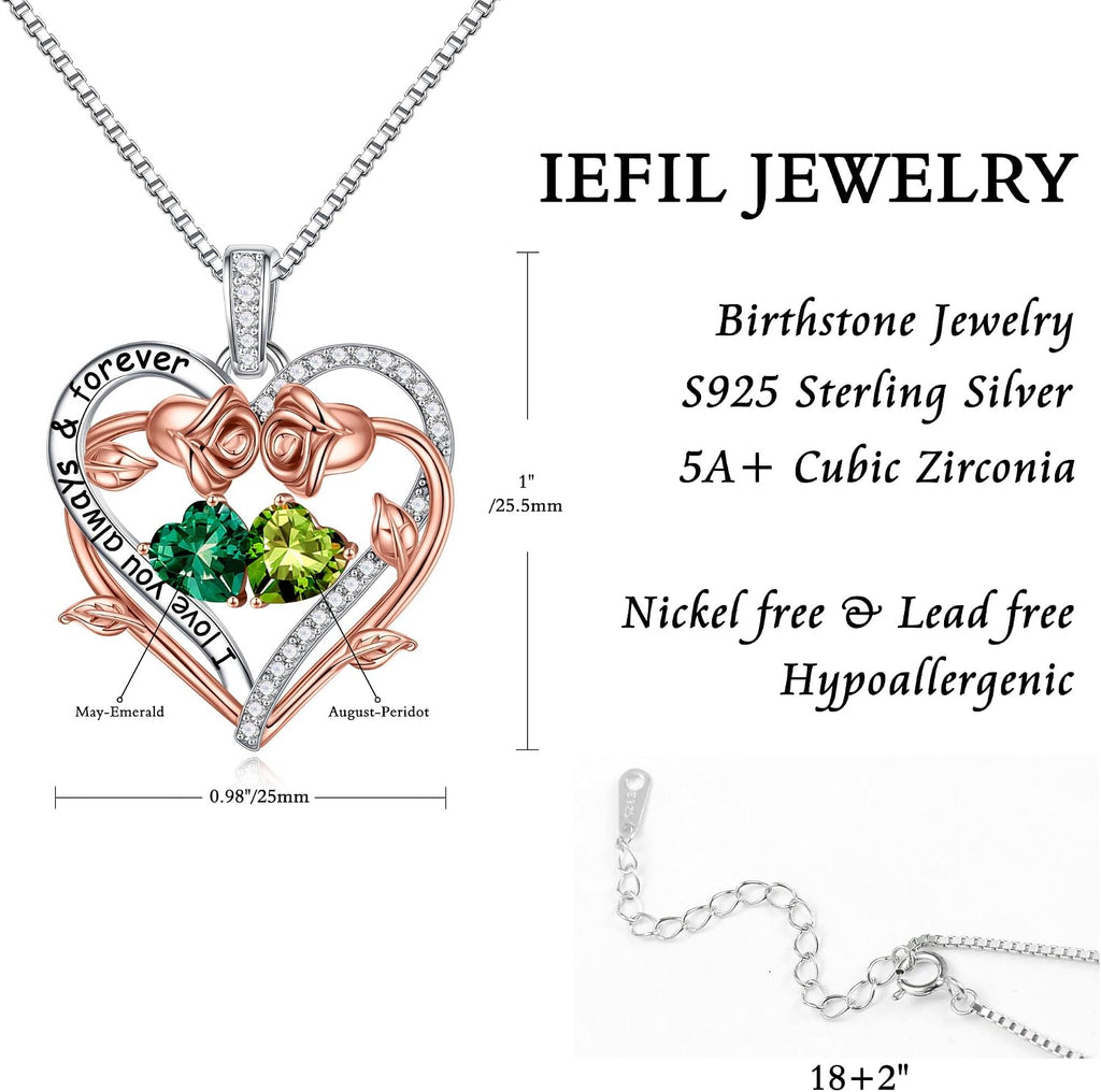 Iefil Rose Heart Double Birthstone Necklace Gifts for Wife Girlfriend Her Women, Birthstone Jewelry Gemstone Birthday Gifts for Mom Grandma Her Wife Women