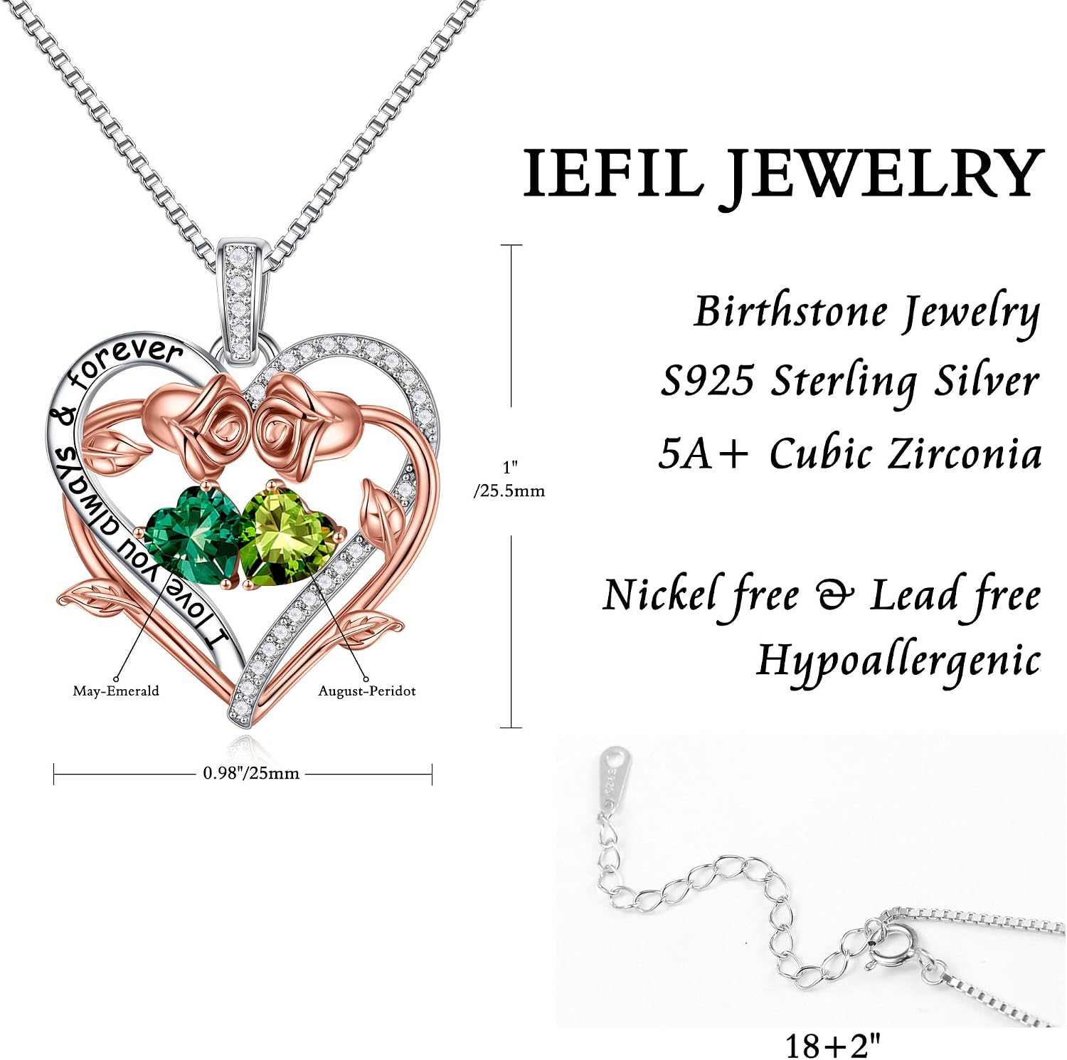 Iefil Rose Heart Double Birthstone Necklace Gifts for Wife Girlfriend Her Women, Birthstone Jewelry Gemstone Birthday Gifts for Mom Grandma Her Wife Women
