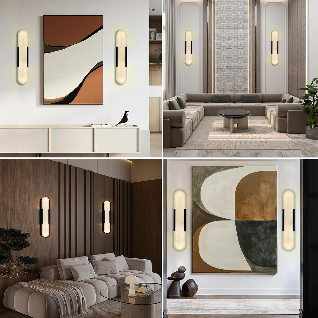 YIOSI 20'' Alabaster Wall Sconces Set of 2, Alabaster Marble Wall Sconce Light, Black Vanity Lights Modern Bedside Wall Lamp for Bathroom Bedroom Hallway Living Room Stairs Fireplace Kitchen
