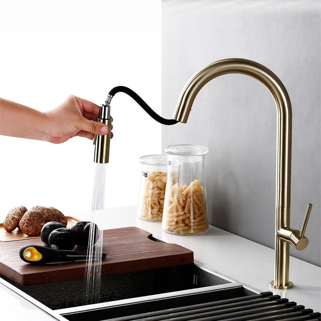 Brass 360 Oegree Rotation Kitchen Hot and Cold Water Sink Taps Pull Out Spout(Brushed Gold)