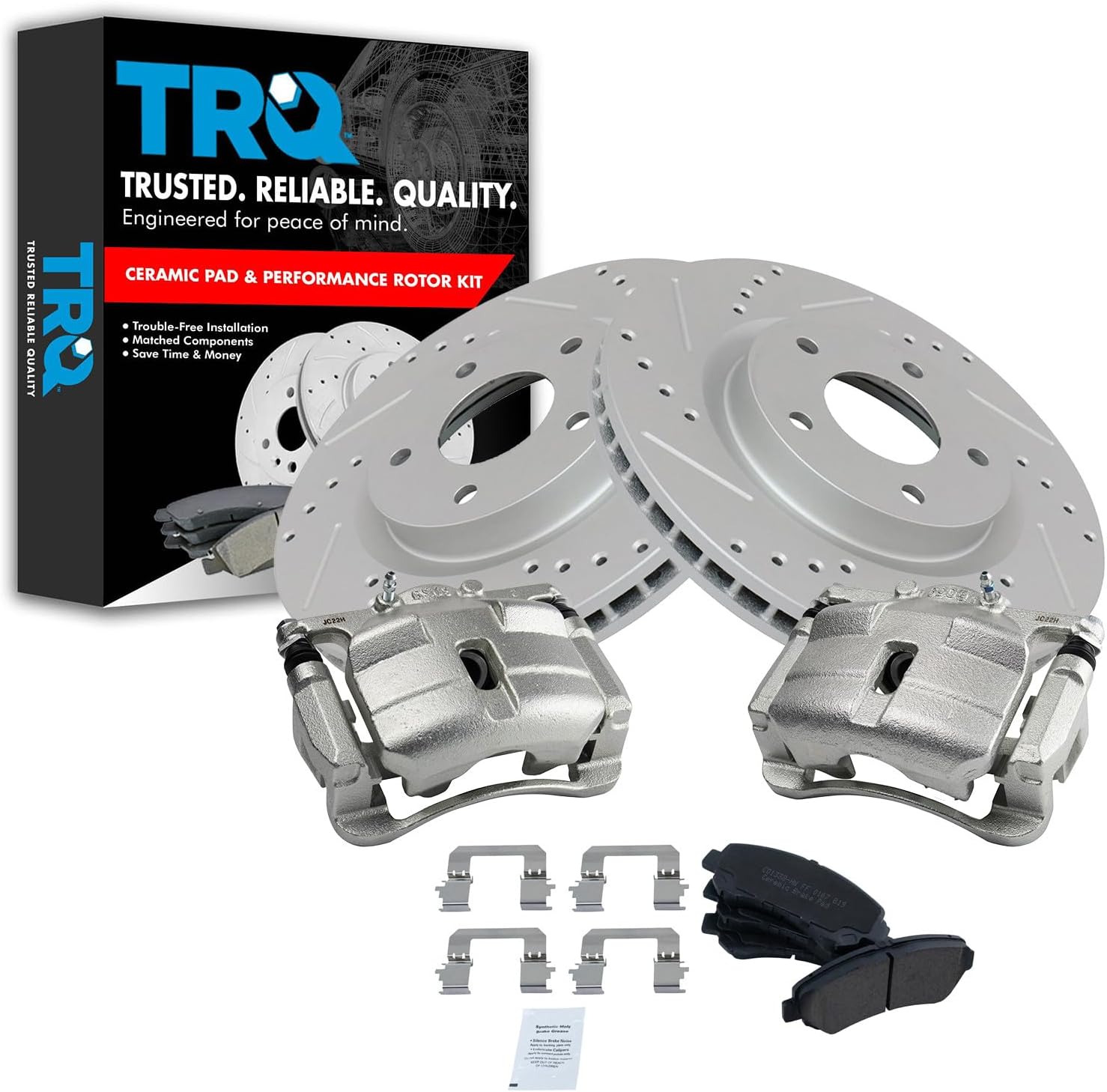 TRQ Performance Front Brake Pad and Rotor Set Ceramic Coated Drilled Slotted Vented Rotors Calipers Compatible with 2008-2013 Nissan Rogue 2014-2015 Rogue Select