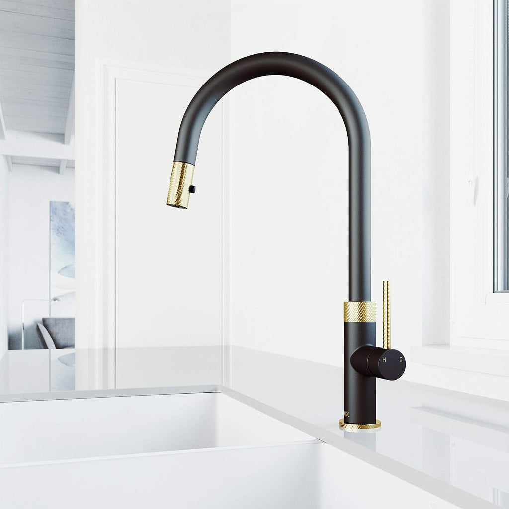 VIGO Bristol 19'' H Single Handle Pull-Down Sprayer Kitchen Faucet in Matte Brushed Gold and Matte Black-VG02033MGMB