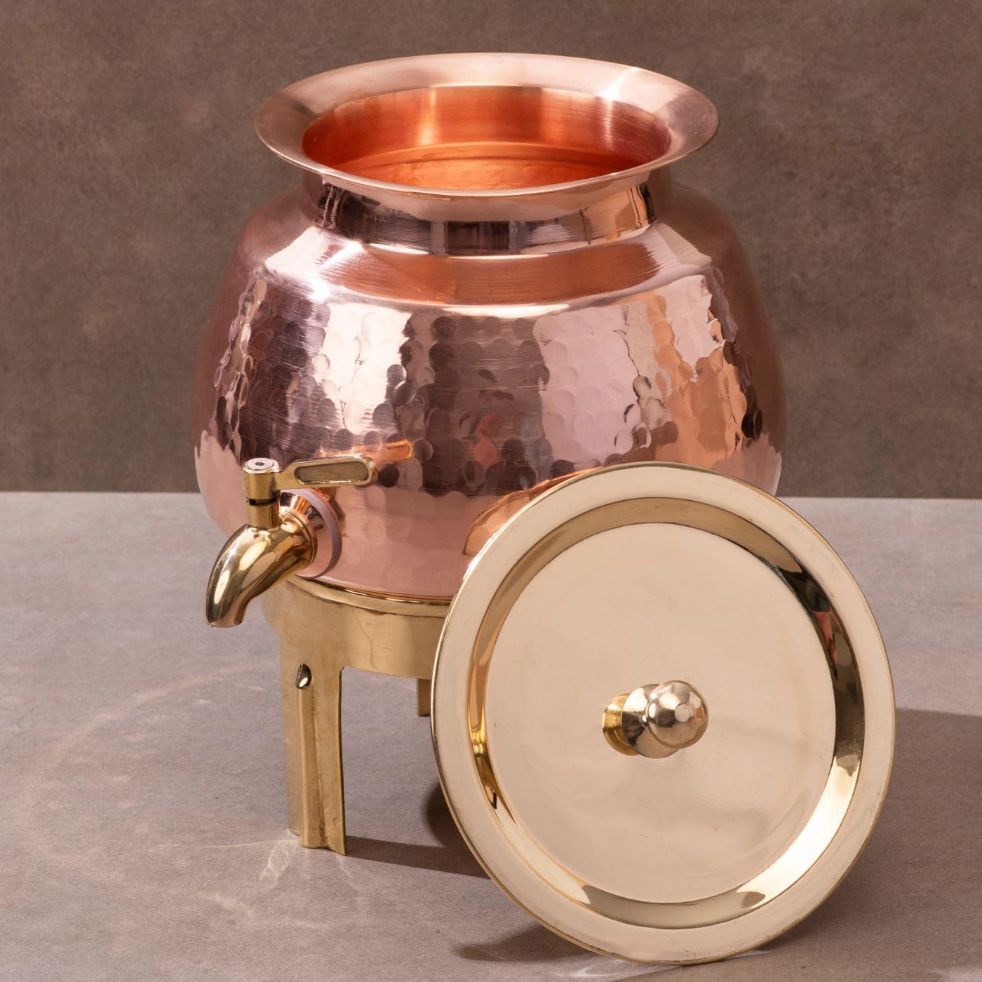 P-TAL Copper Water Dispenser 1.2 Gallons | 100% Pure Copper Pot Heavy Gauge and Hammered with Prefitted Leakproof Brass Spigot, Lid and Stand