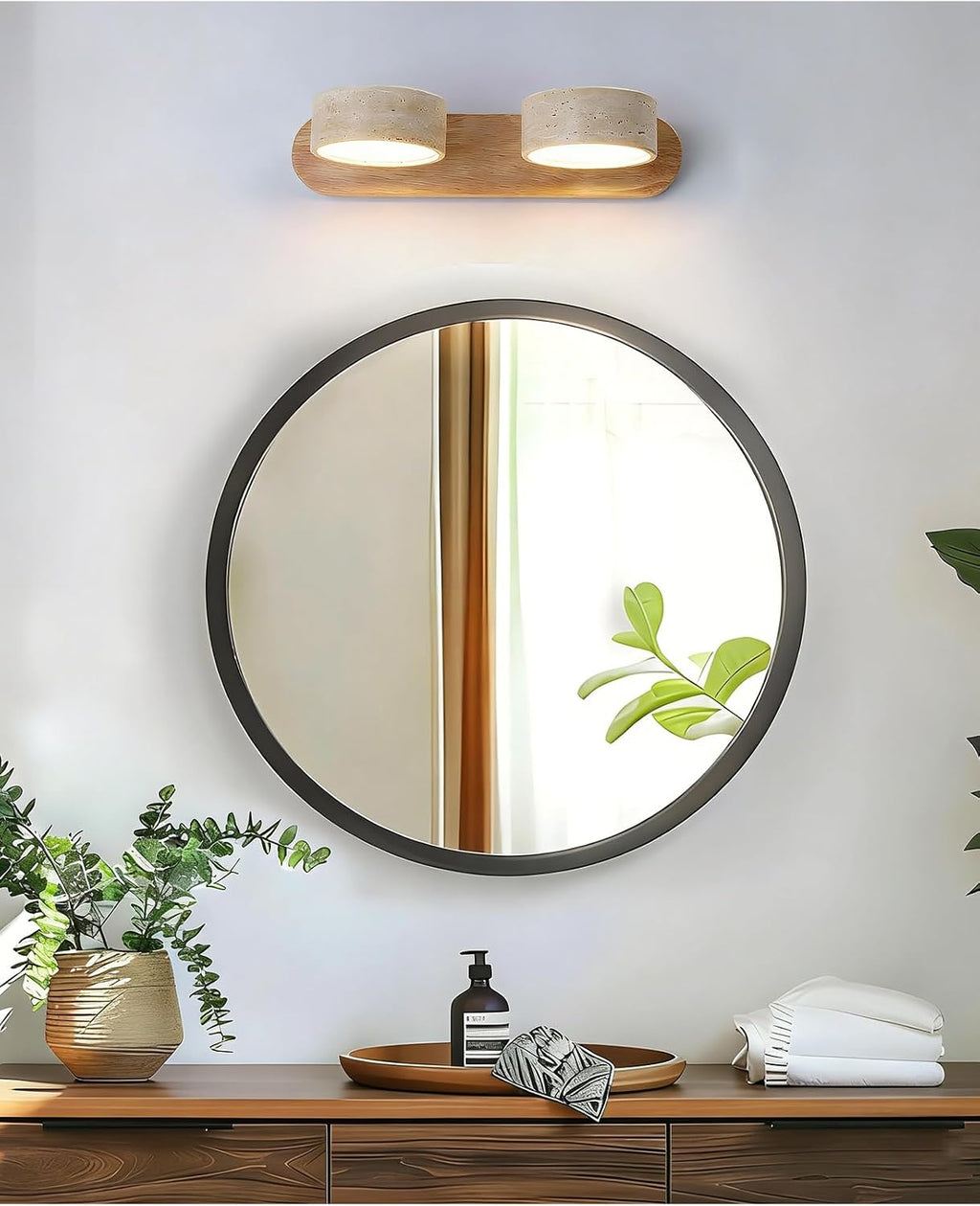 Natural Wood Vanity Light, 12.6 Inches Wabi Sabi Travertine Wall Sconce with 360° Rotatable Natural Stone Lampshade and Wooden Base Nordic Style Farmhouse Vanity Lights for Bathroom (2 Lights)