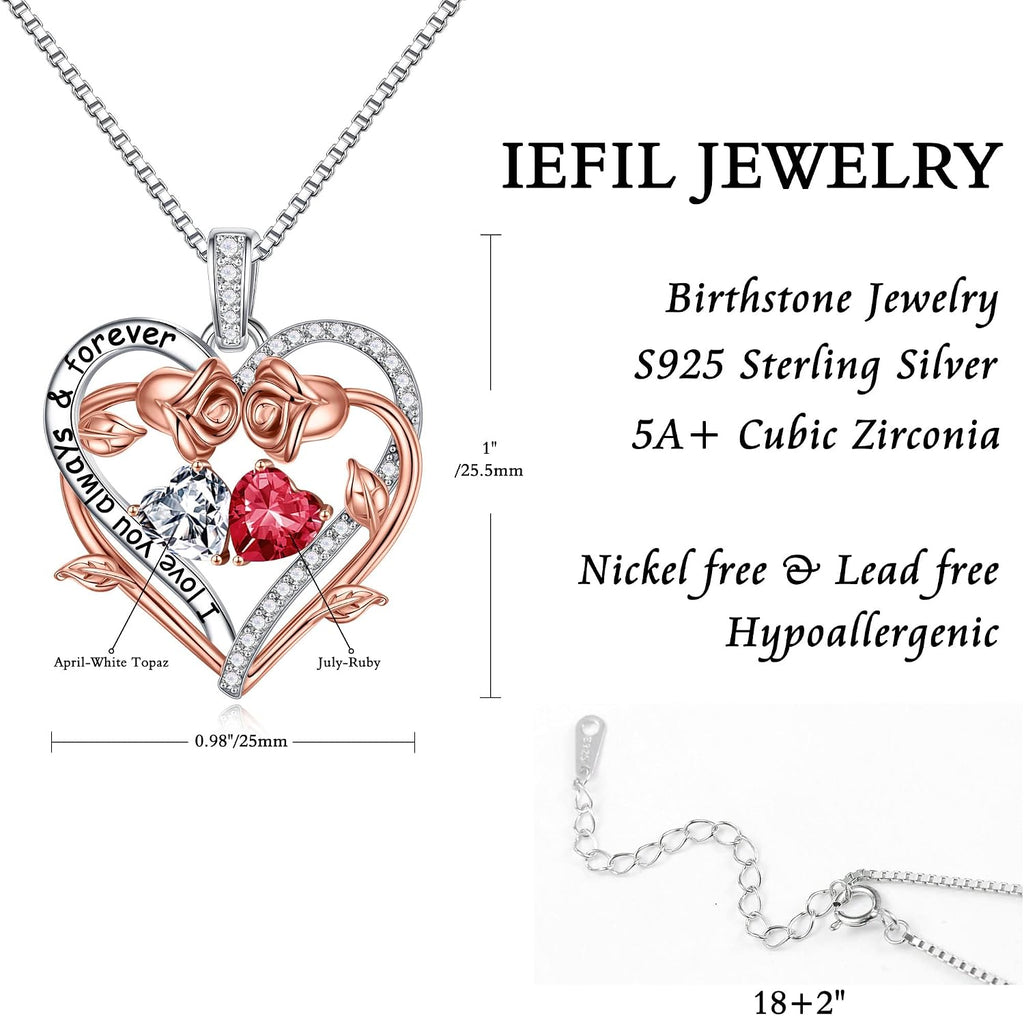 Iefil Rose Heart Double Birthstone Necklace Gifts for Wife Girlfriend Her Women, Birthstone Jewelry Gemstone Birthday Gifts for Mom Grandma Her Wife Women