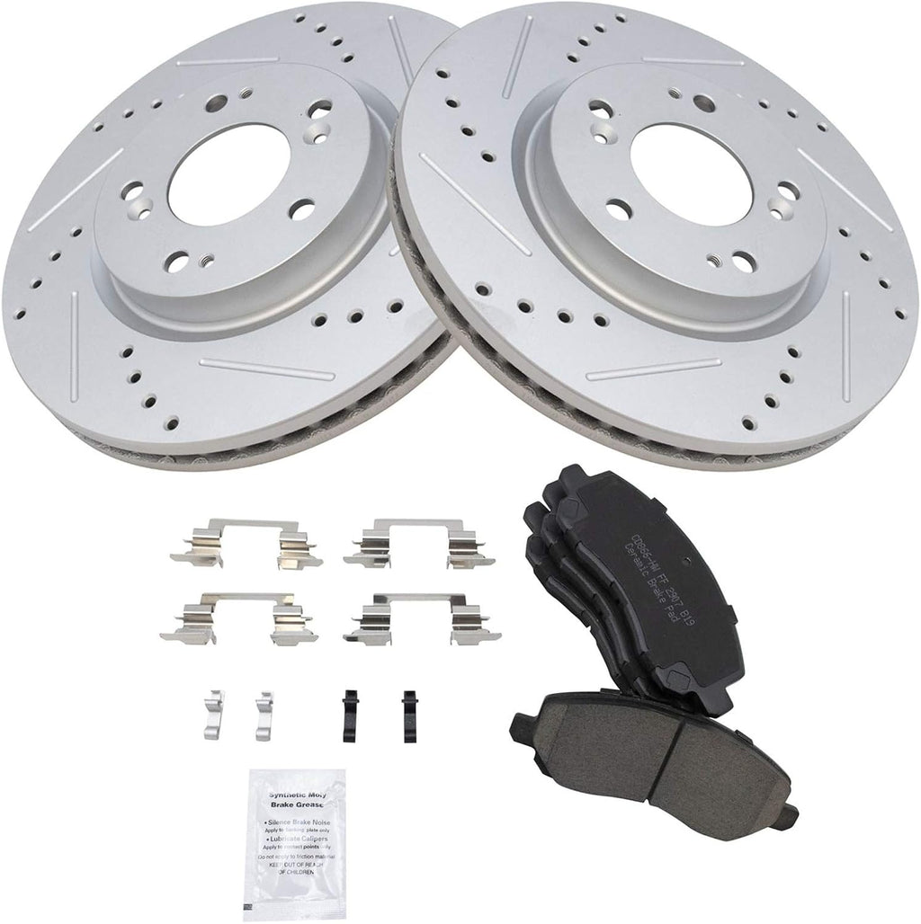 TRQ Performance Front Brake Pad & Rotor Kit Ceramic Premium G-Coated Slotted X Drilled Compatible with 07-14 Chrysler Dodge 07-17 Jeep 04-21 Mitsubishi