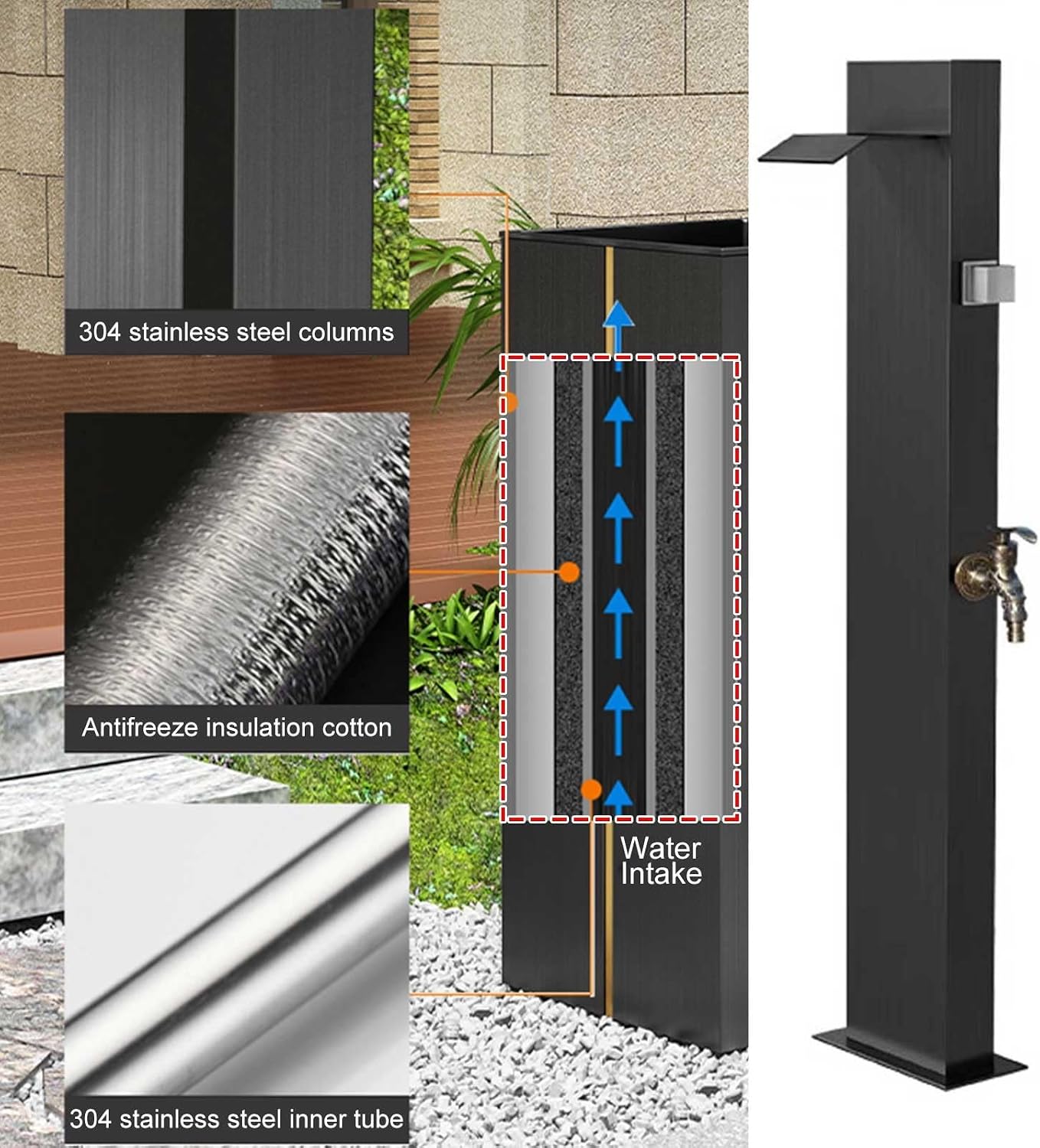 304 Stainless Steel Vertical Square Garden Water Column, Outdoor Antifreeze Faucet Water Dispenser Hydrant Water Feature Fountain Irrigation,Red