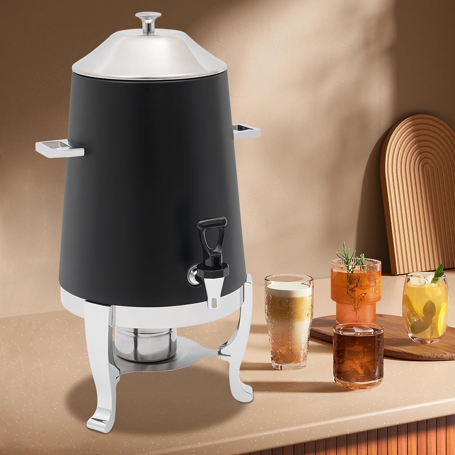 Coffee Urn With Fuel Holder, 3.5 Gallon/13L Stainless Steel Beverage Dispensers for Coffee Tea Hot Water, Hot Drink Dispenser with Stand, Chafer Urn with Spigot for Parties Catering (Black)
