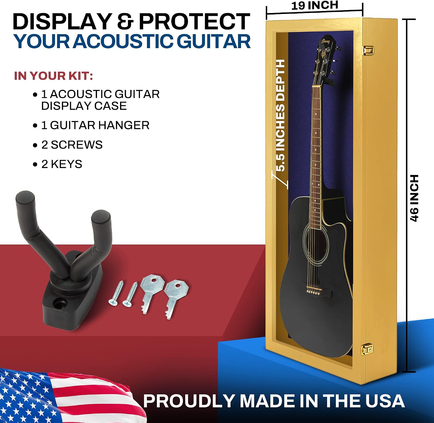 PENNZONI Acoustic Guitar Display Case - Acrylic Acoustic Guitar Case - Guitar Display Case Wall Mount Made from Hardwood Frame & Clear Acrylic - Golden Oak w/Felt Blue