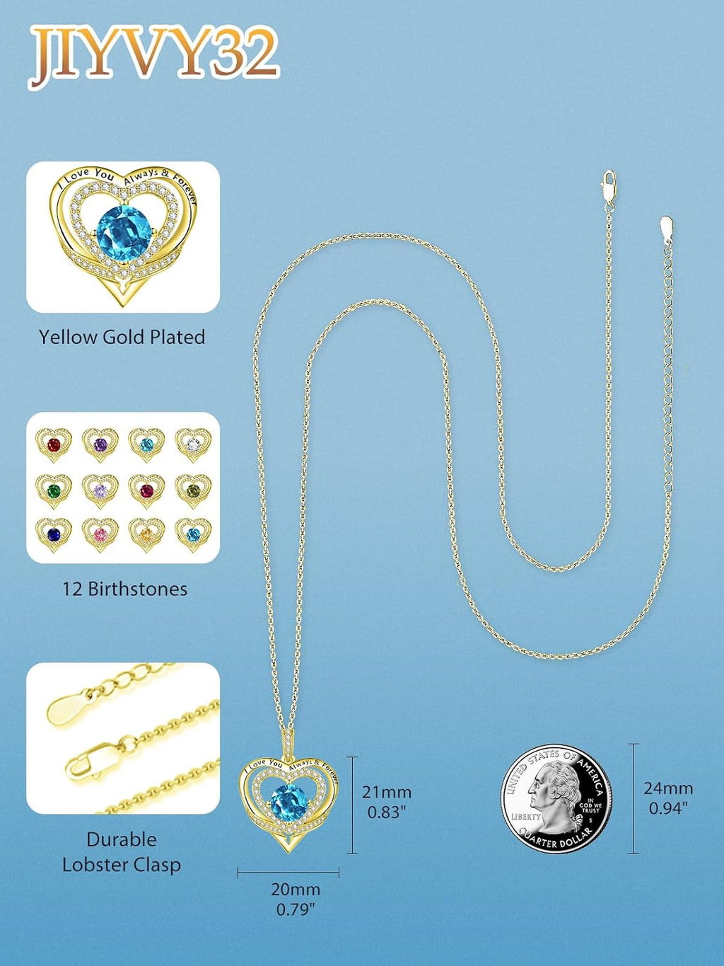 14K Gold Heart Necklaces for Women with Birthstone Pendant ，Double Hearts Necklace Jewelry Gift for Girlfriend Mom Anniversary Birthday Adjustable Chain 18' + 2' 'I Love You Always & Forever