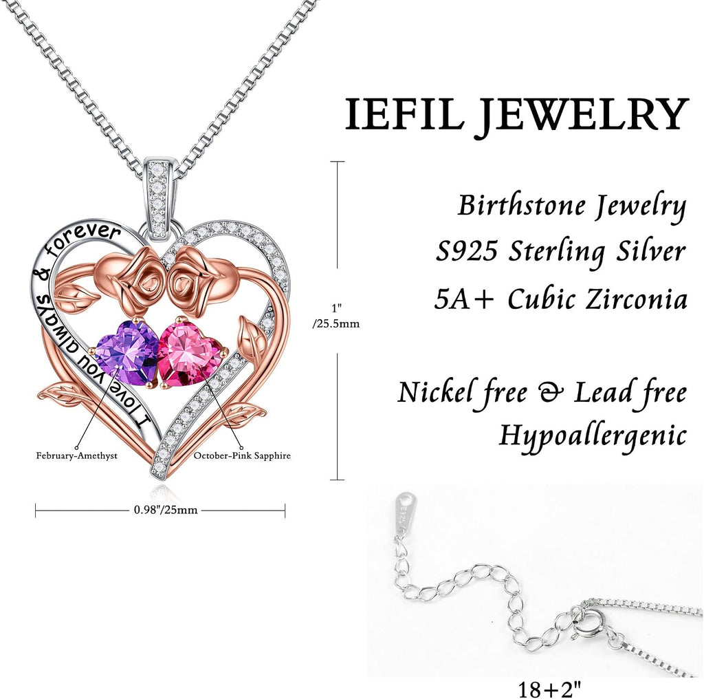 Iefil Rose Heart Double Birthstone Necklace Gifts for Wife Girlfriend Her Women, Birthstone Jewelry Gemstone Birthday Gifts for Mom Grandma Her Wife Women