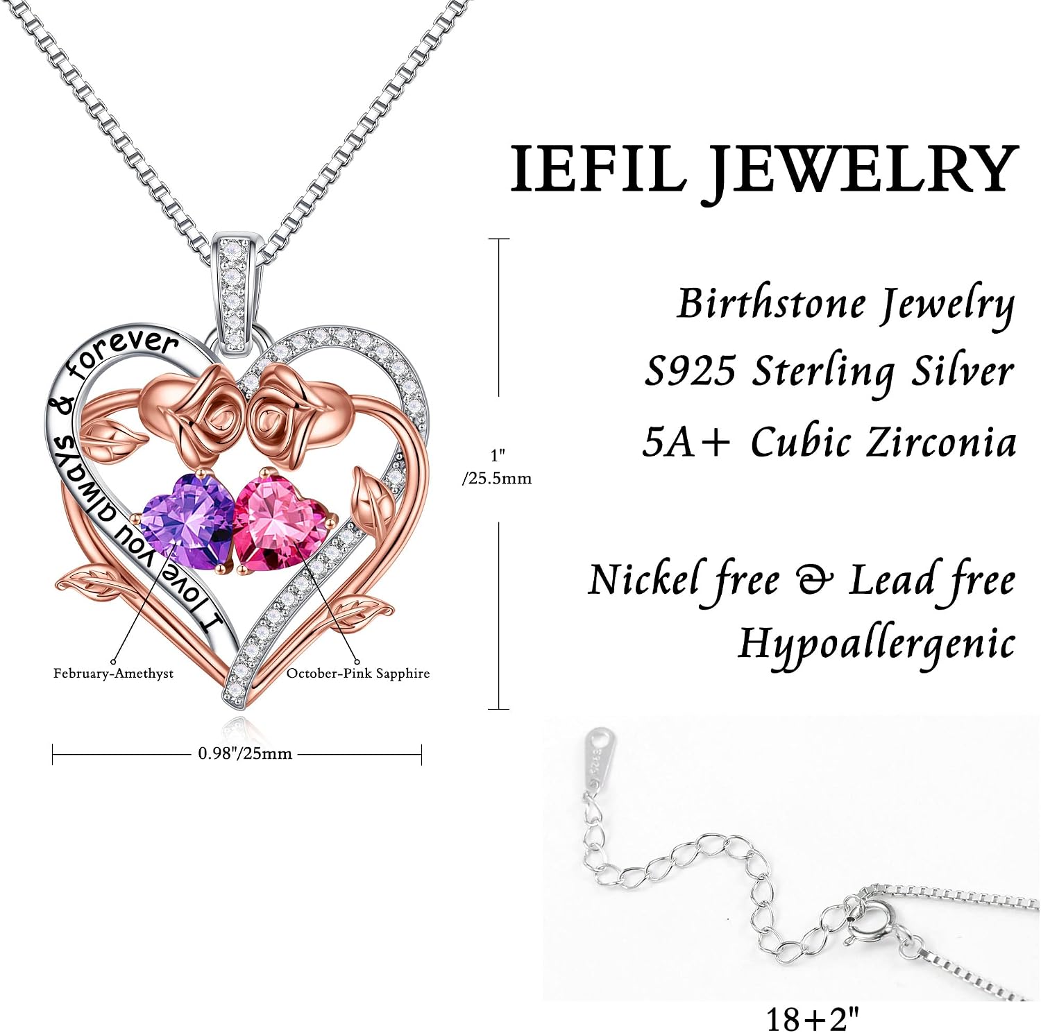 Iefil Rose Heart Double Birthstone Necklace Gifts for Wife Girlfriend Her Women, Birthstone Jewelry Gemstone Birthday Gifts for Mom Grandma Her Wife Women